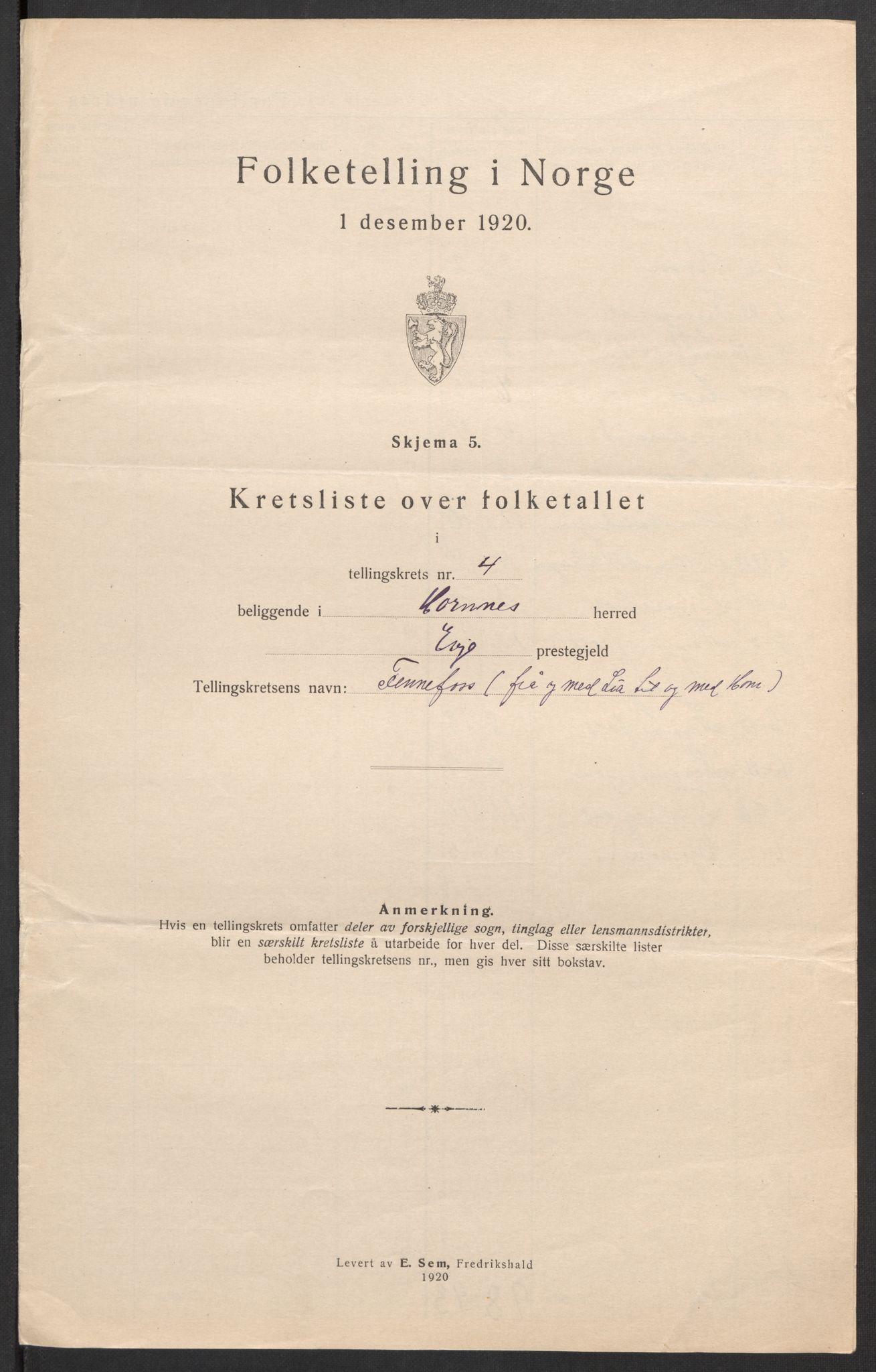 SAK, Folketelling 1920 for 0936 Hornnes herred, 1920, s. 20