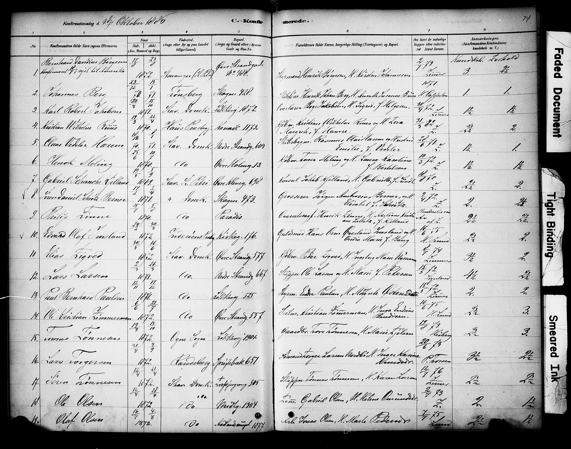 Domkirken sokneprestkontor, AV/SAST-A-101812/001/30/30BA/L0028: Ministerialbok nr. A 27, 1878-1896, s. 74