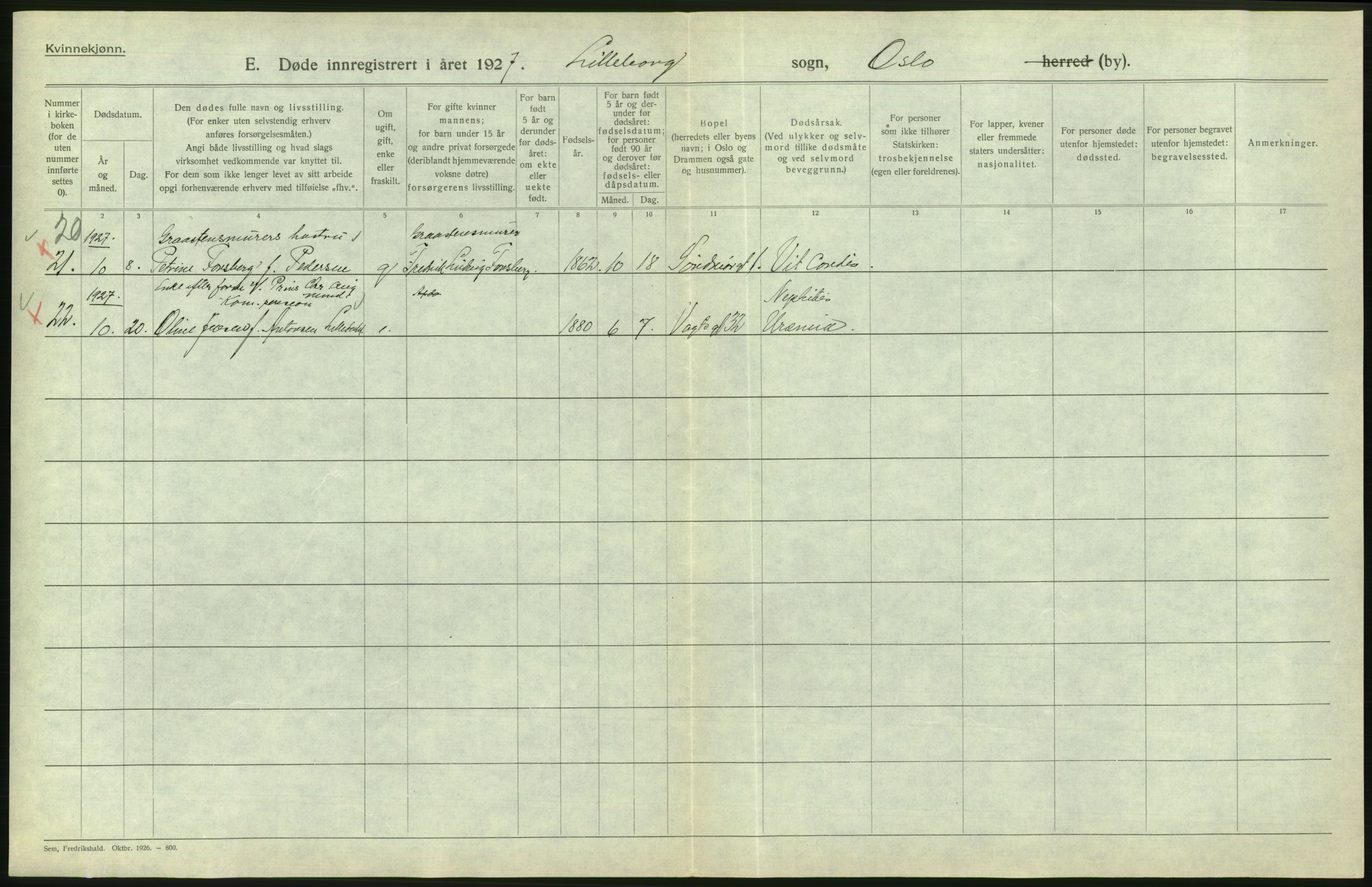 Statistisk sentralbyrå, Sosiodemografiske emner, Befolkning, AV/RA-S-2228/D/Df/Dfc/Dfcg/L0010: Oslo: Døde kvinner, dødfødte, 1927, s. 746