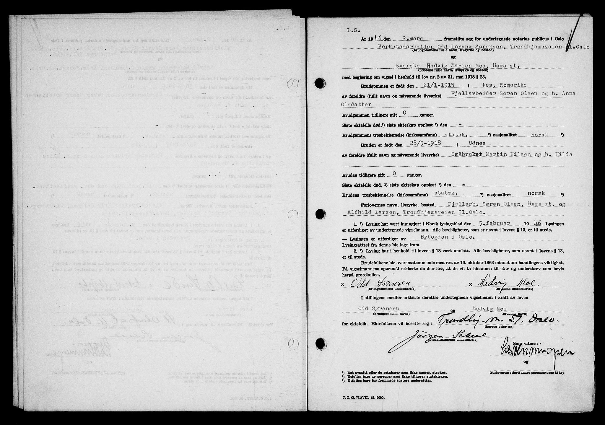 Oslo byfogd avd. I, SAO/A-10220/L/Lb/Lbb/L0056: Notarialprotokoll, rekke II: Vigsler, 1946
