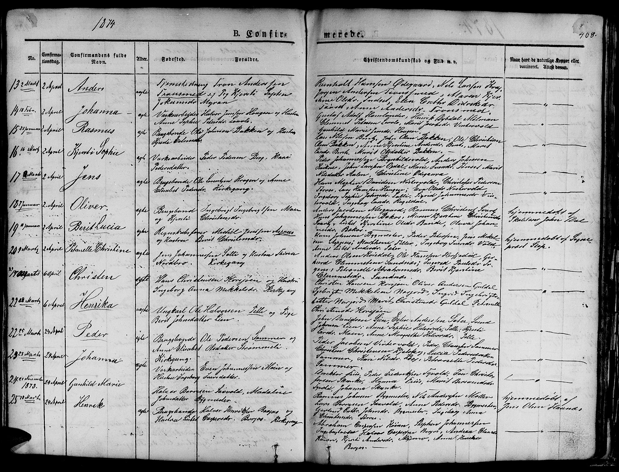 Ministerialprotokoller, klokkerbøker og fødselsregistre - Sør-Trøndelag, SAT/A-1456/681/L0938: Klokkerbok nr. 681C02, 1829-1879, s. 408
