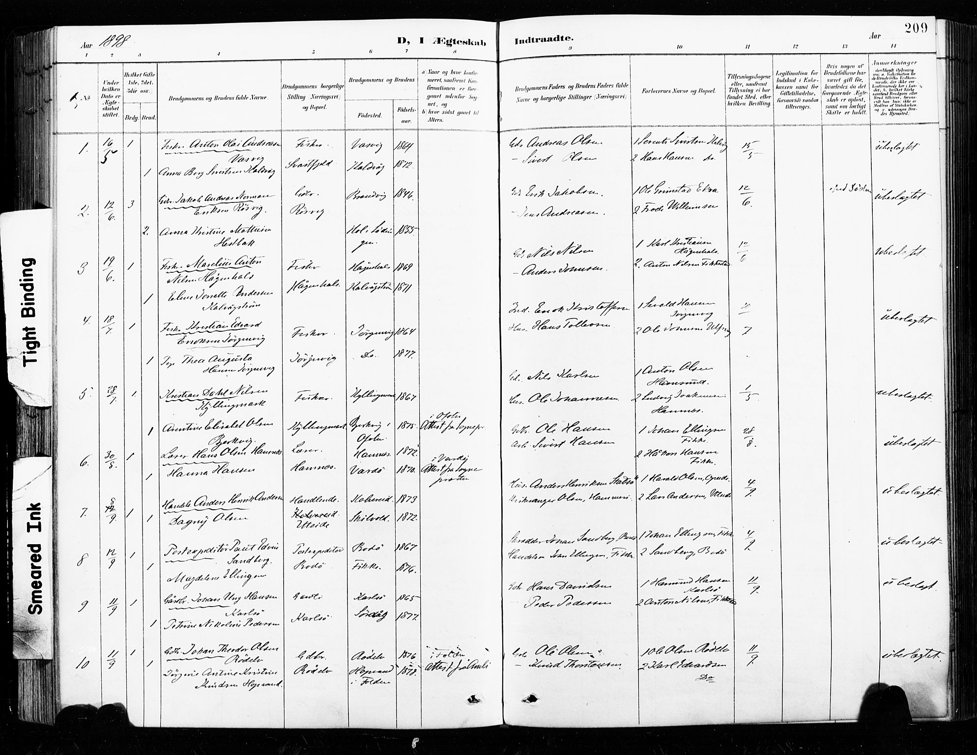 Ministerialprotokoller, klokkerbøker og fødselsregistre - Nordland, SAT/A-1459/859/L0847: Ministerialbok nr. 859A07, 1890-1899, s. 209