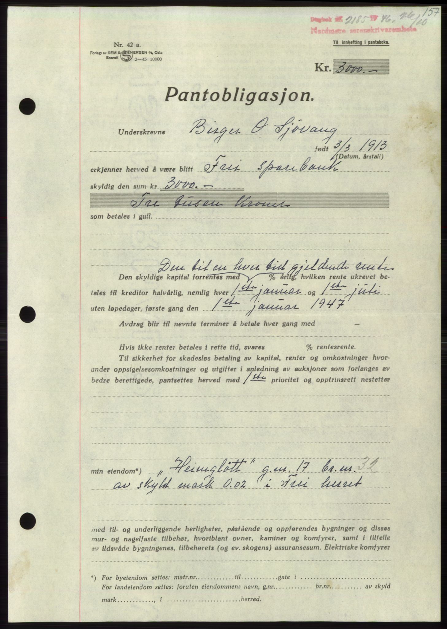 Nordmøre sorenskriveri, SAT/A-4132/1/2/2Ca: Pantebok nr. B95, 1946-1947, Dagboknr: 2185/1946