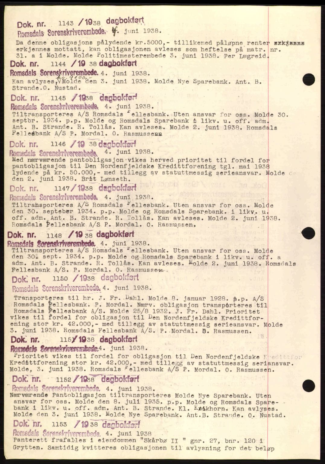 Romsdal sorenskriveri, AV/SAT-A-4149/1/2/2C: Pantebok nr. C1a, 1936-1945, Dagboknr: 1143/1938