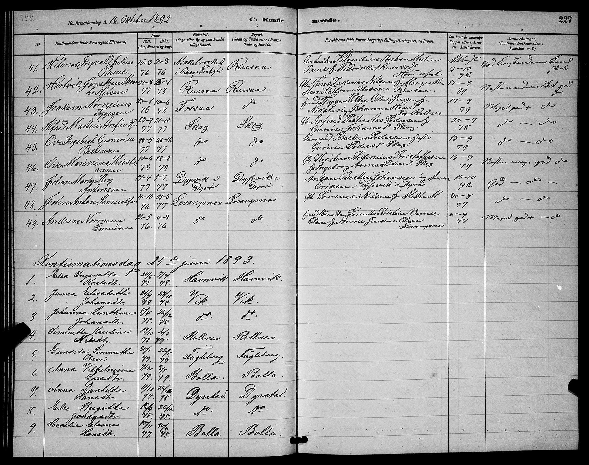 Ibestad sokneprestembete, AV/SATØ-S-0077/H/Ha/Hab/L0008klokker: Klokkerbok nr. 8, 1890-1903, s. 227