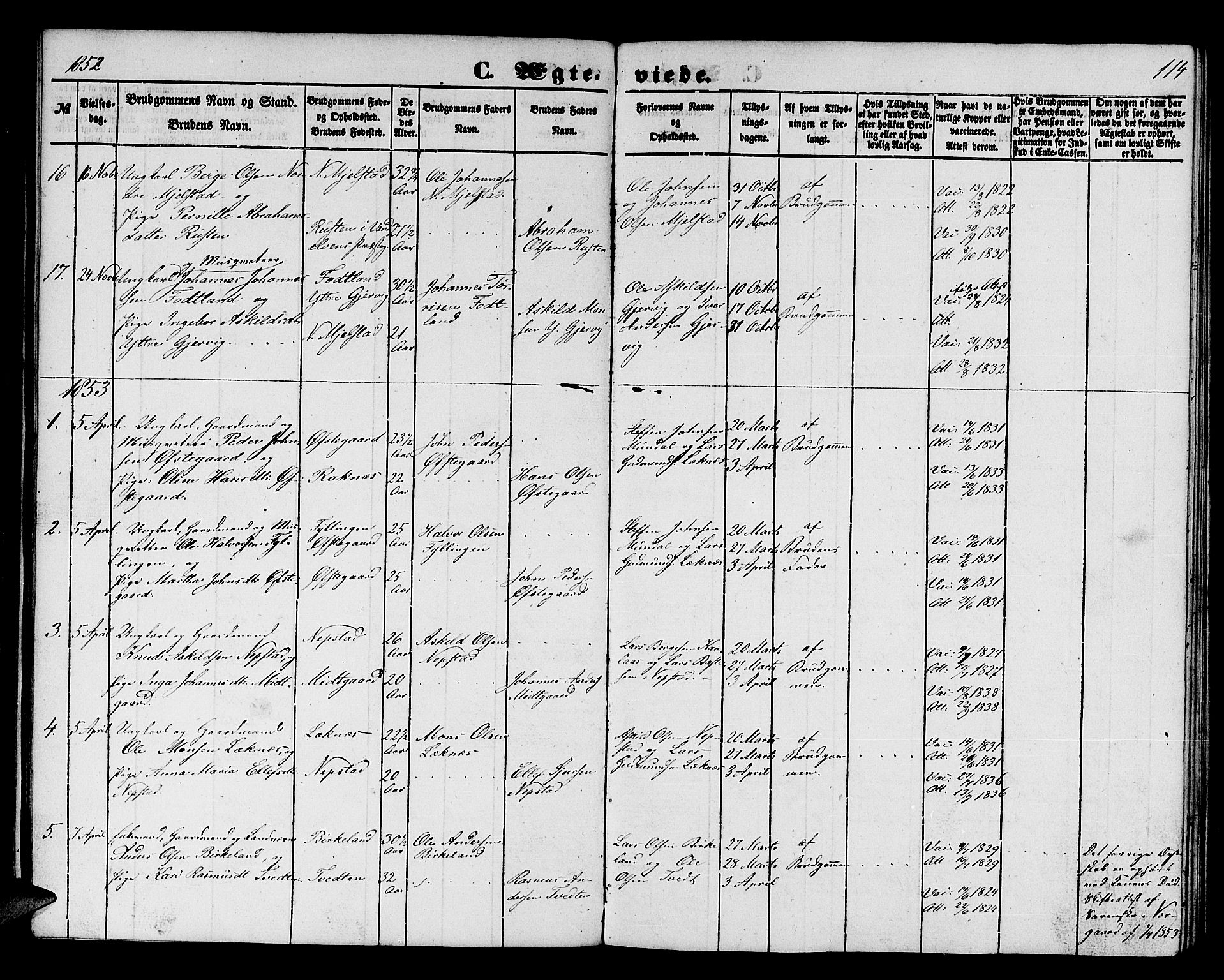 Hamre sokneprestembete, SAB/A-75501/H/Ha/Hab: Klokkerbok nr. B 1, 1852-1863, s. 114