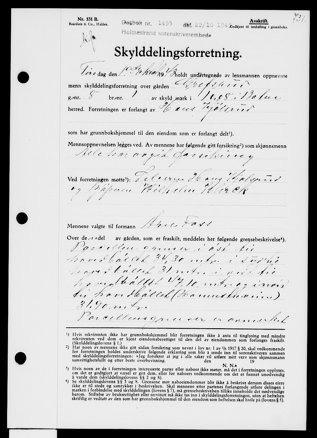 Holmestrand sorenskriveri, AV/SAKO-A-67/G/Ga/Gaa/L0057: Pantebok nr. A-57, 1943-1944, Dagboknr: 1455/1943