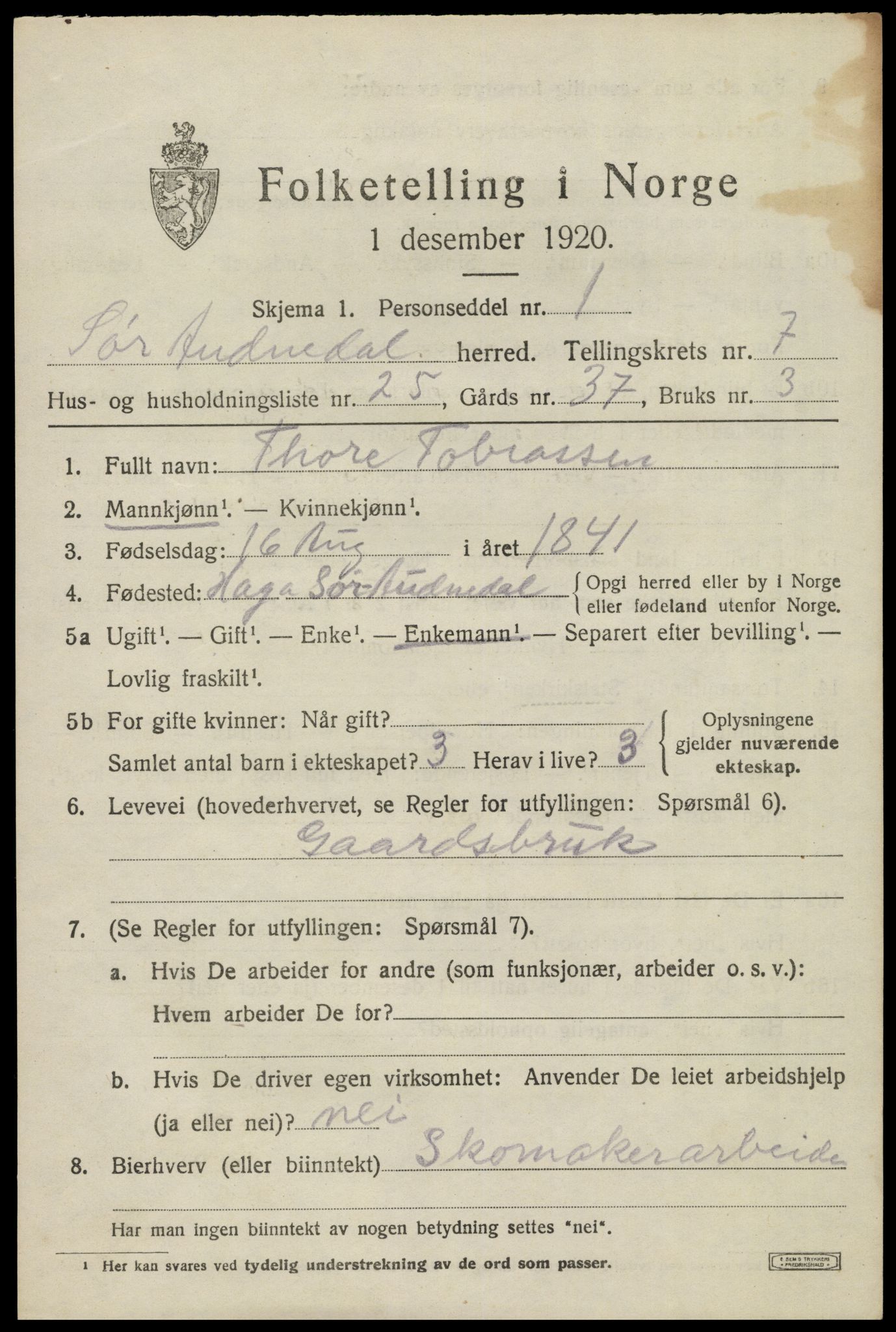 SAK, Folketelling 1920 for 1029 Sør-Audnedal herred, 1920, s. 3169