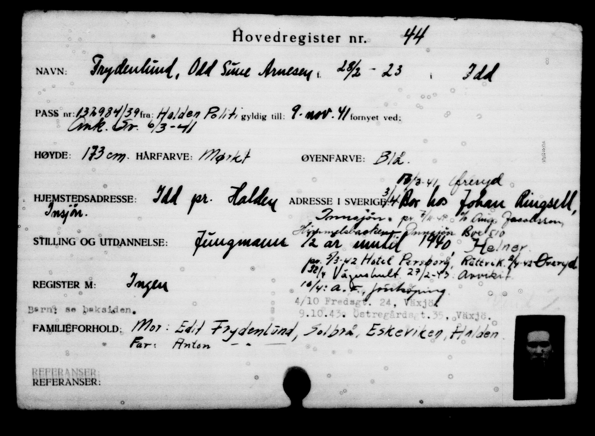 Utenriksstasjonene, Legasjonen i Stockholm, Flyktningkontoret, AV/RA-S-6753/V/Va/L0001: Kjesäterkartoteket, flyktninger med registreringsnr. 1-1000, 1940-1945, s. 75