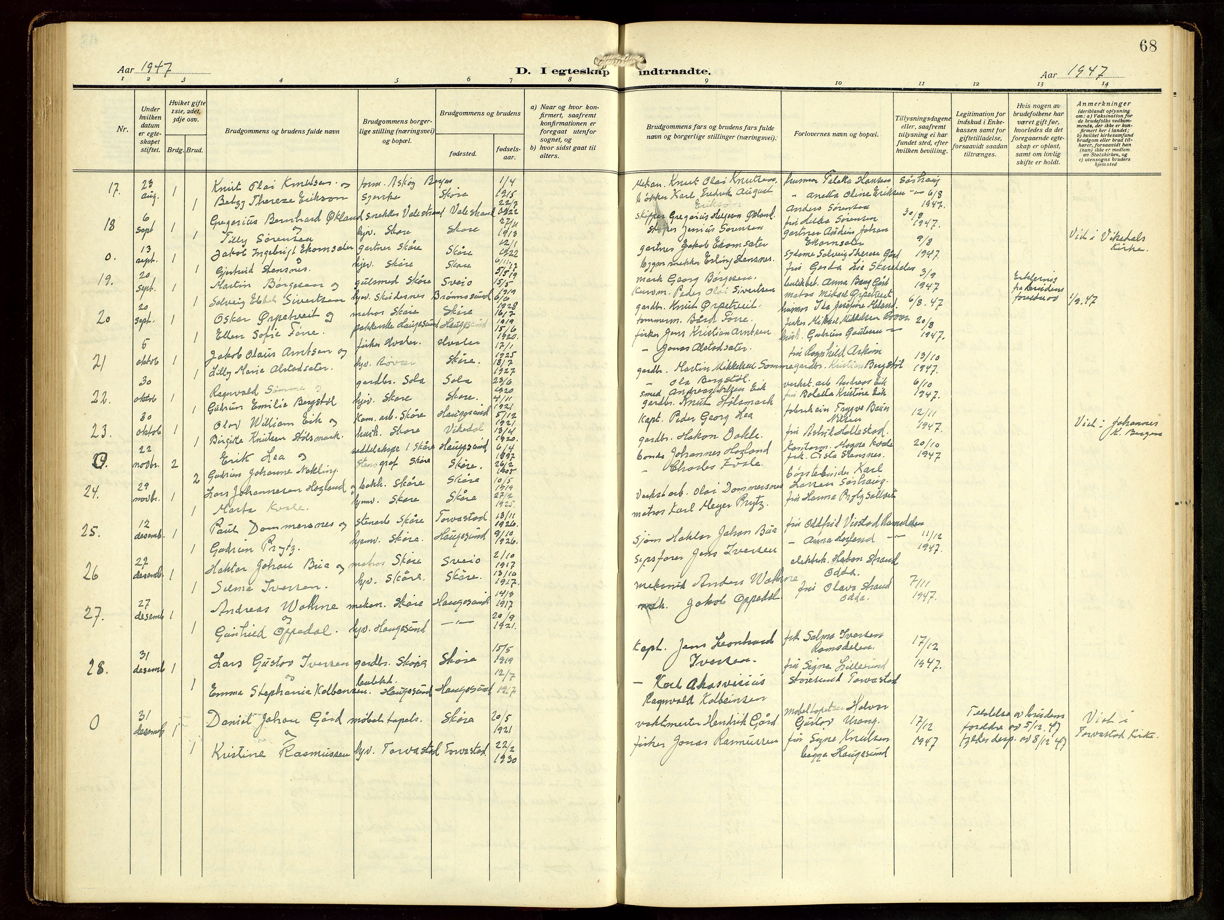 Haugesund sokneprestkontor, AV/SAST-A -101863/H/Ha/Hab/L0006: Klokkerbok nr. B 9, 1909-1951, s. 68