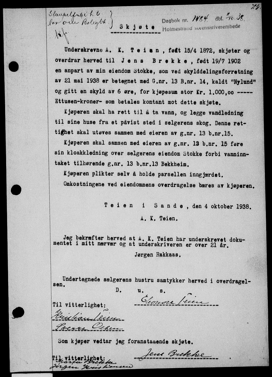 Holmestrand sorenskriveri, SAKO/A-67/G/Ga/Gaa/L0050: Pantebok nr. A-50, 1938-1939, Dagboknr: 1484/1938
