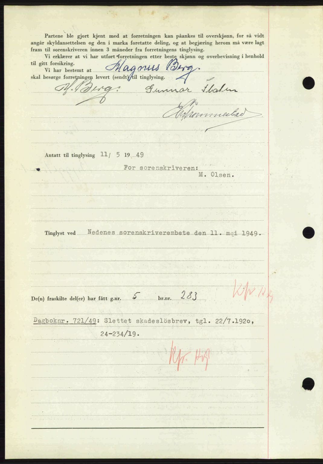 Nedenes sorenskriveri, SAK/1221-0006/G/Gb/Gba/L0060: Pantebok nr. A12, 1948-1949, Dagboknr: 720/1949