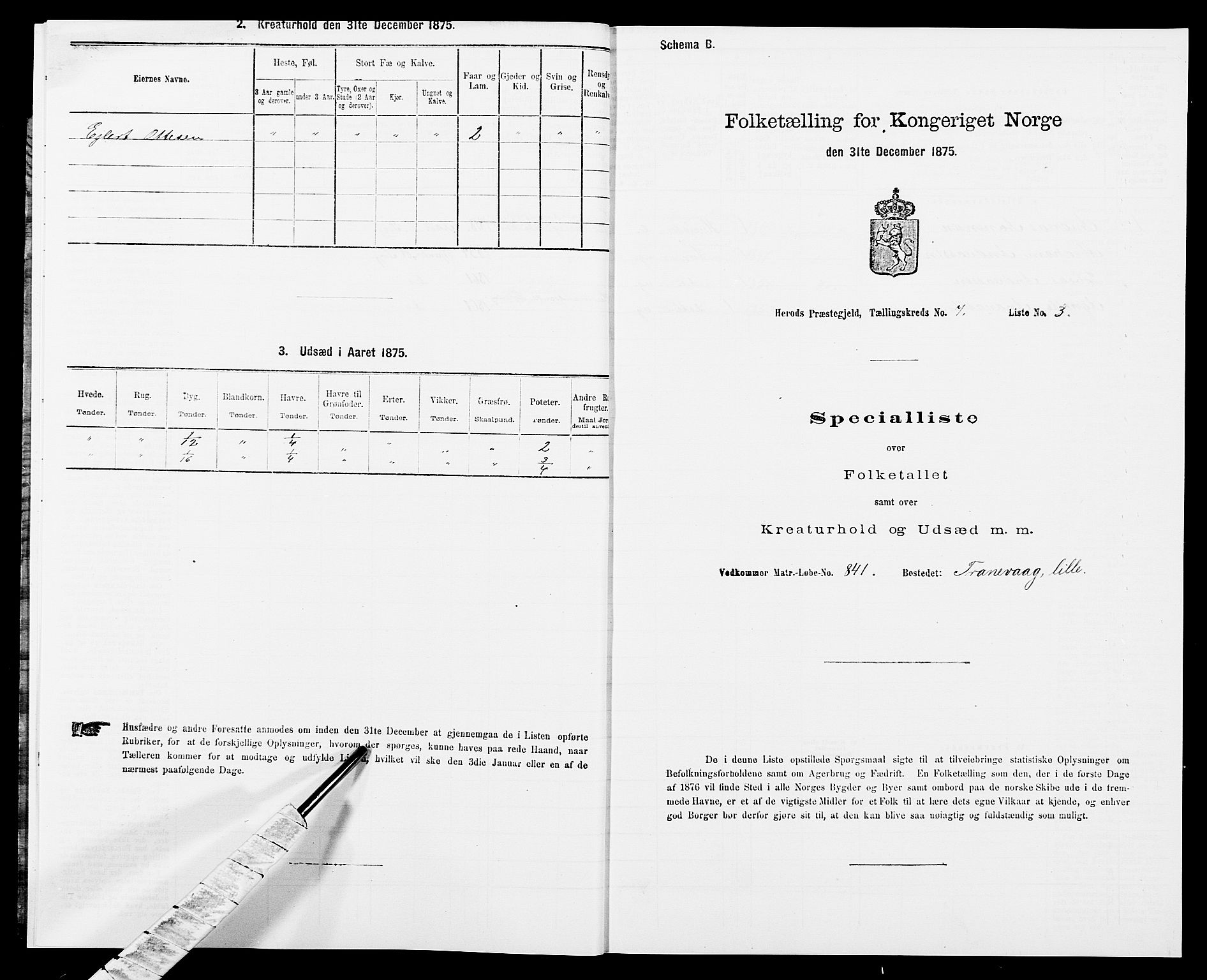 SAK, Folketelling 1875 for 1039P Herad prestegjeld, 1875, s. 840