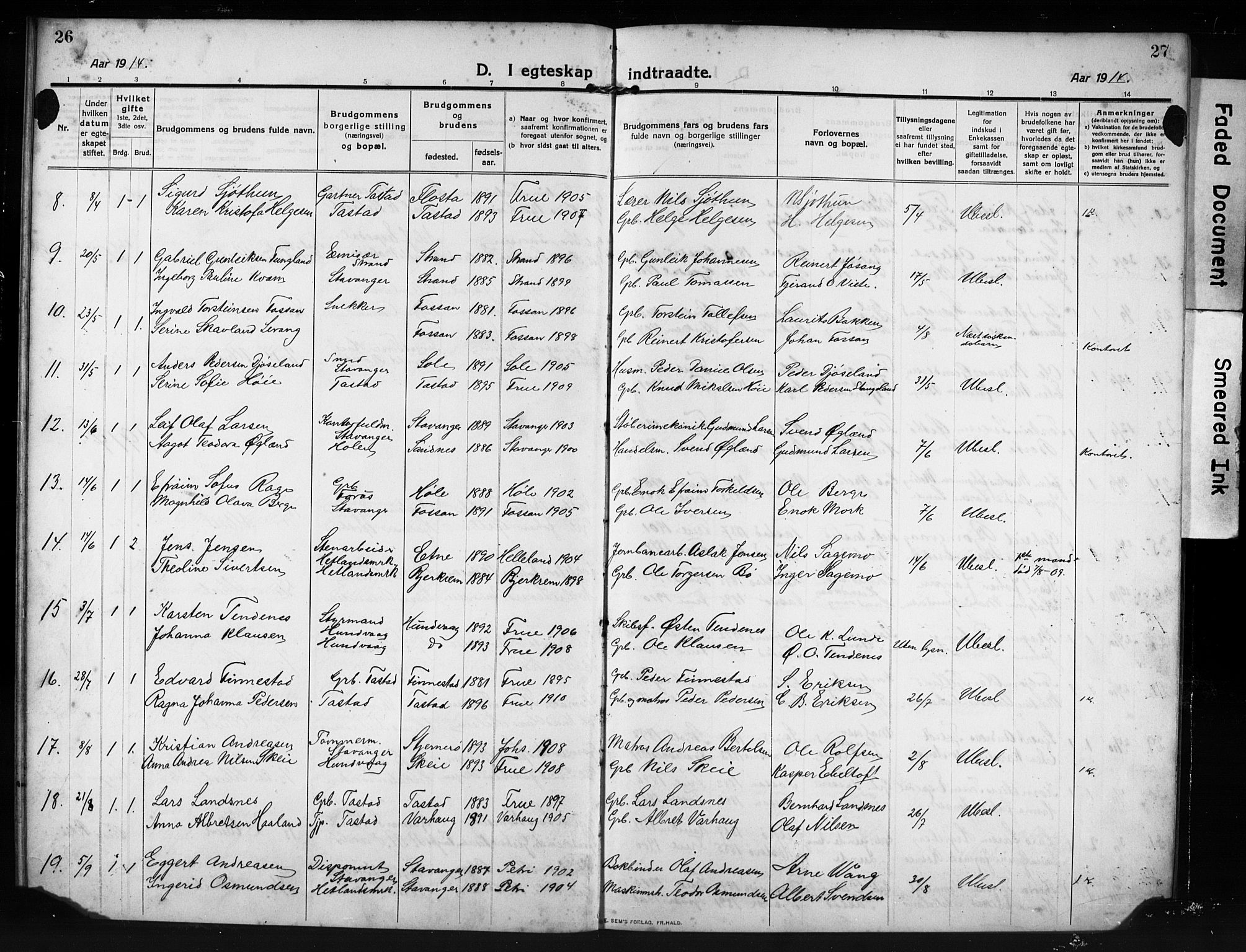 Hetland sokneprestkontor, AV/SAST-A-101826/30/30BB/L0009: Klokkerbok nr. B 9, 1910-1931, s. 26-27