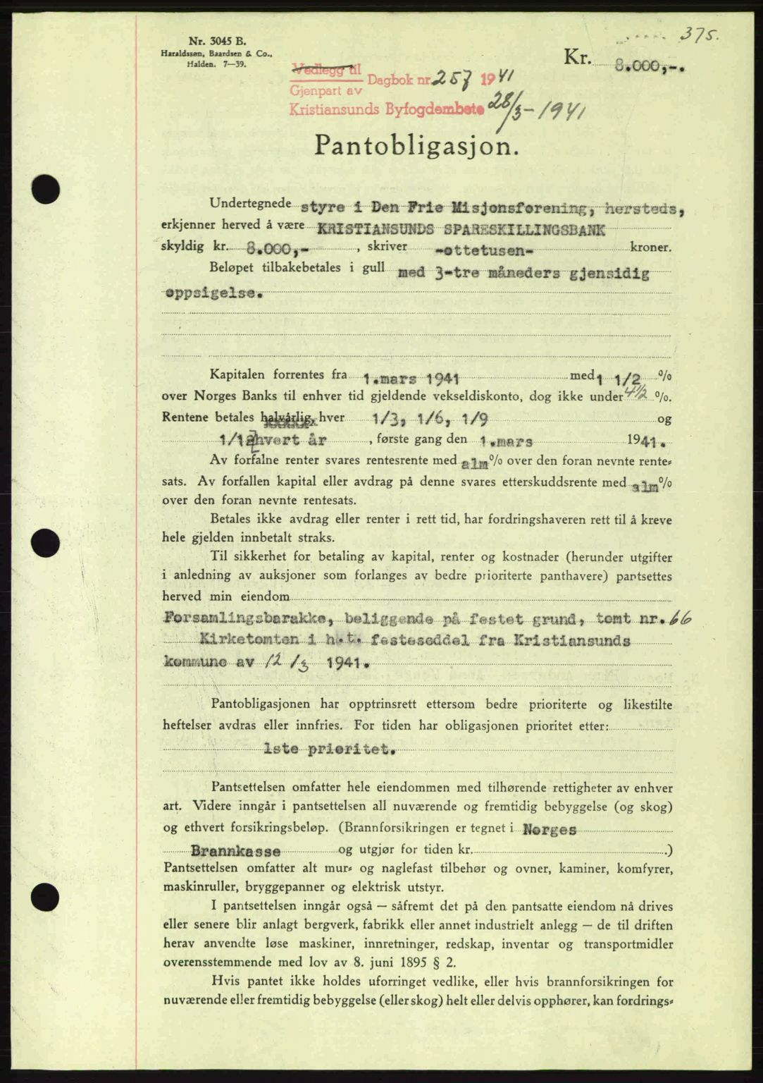 Kristiansund byfogd, SAT/A-4587/A/27: Pantebok nr. 33, 1939-1941, Dagboknr: 257/1941