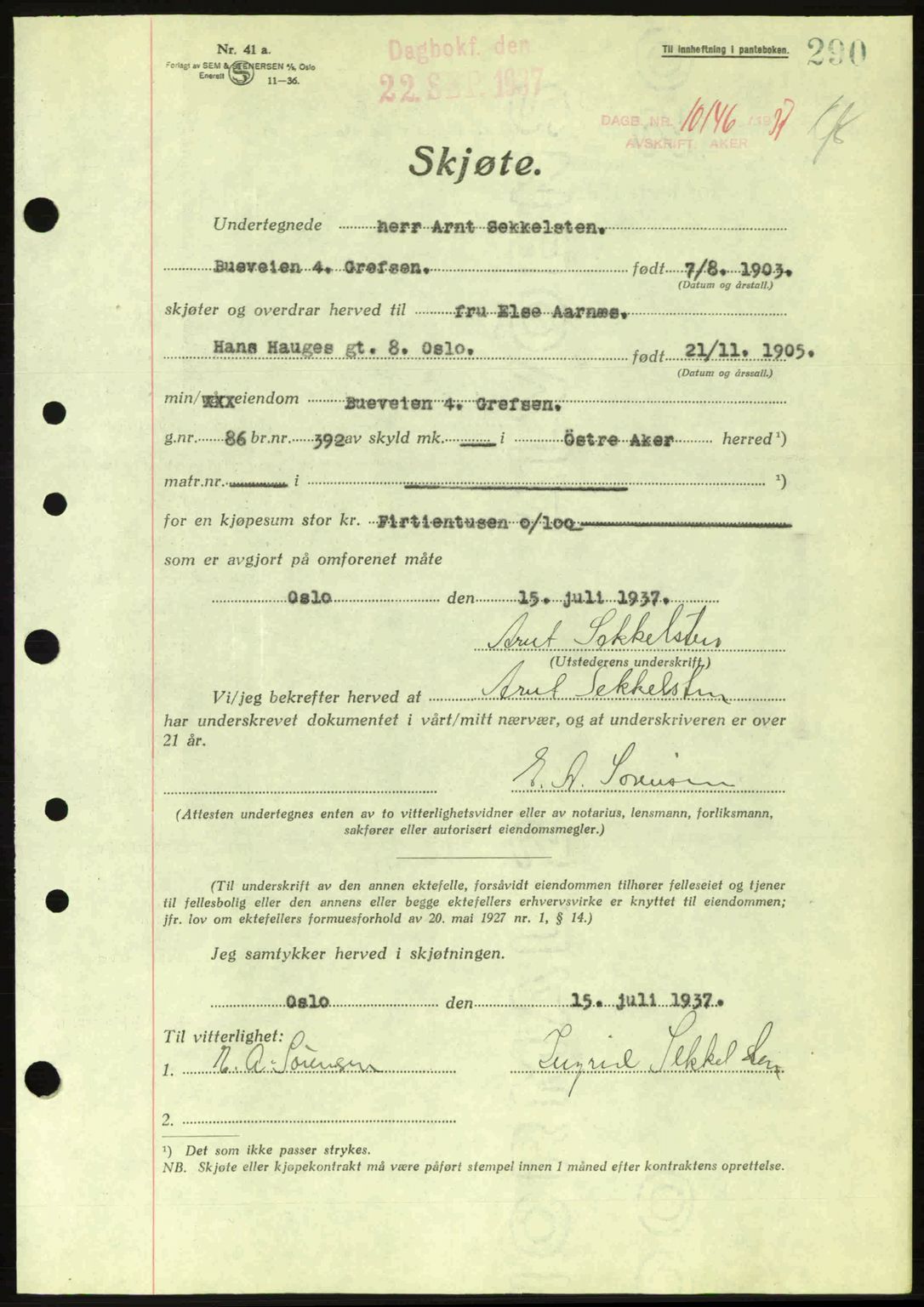 Aker herredsskriveri, SAO/A-10896/G/Gb/Gba/Gbab/L0017: Pantebok nr. A148, 1937-1937, Dagboknr: 10146/1937