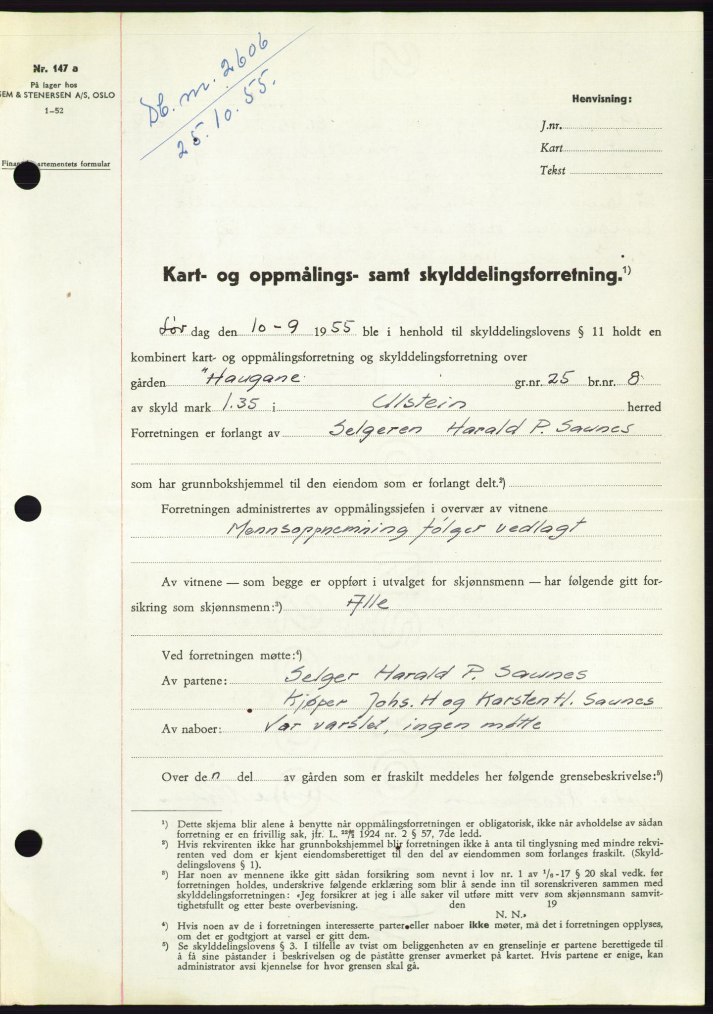 Søre Sunnmøre sorenskriveri, AV/SAT-A-4122/1/2/2C/L0102: Pantebok nr. 28A, 1955-1956, Dagboknr: 2606/1955