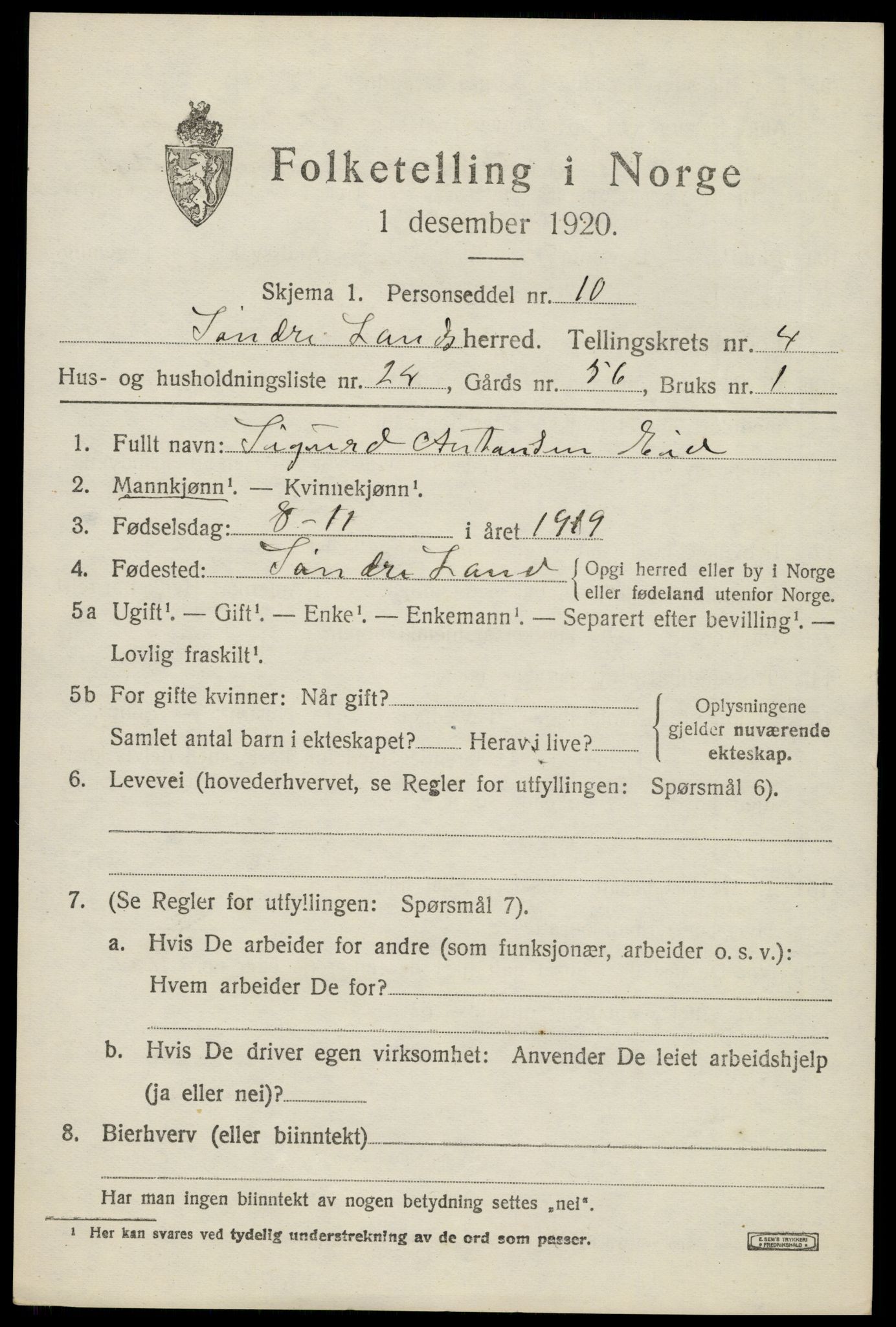 SAH, Folketelling 1920 for 0536 Søndre Land herred, 1920, s. 4995