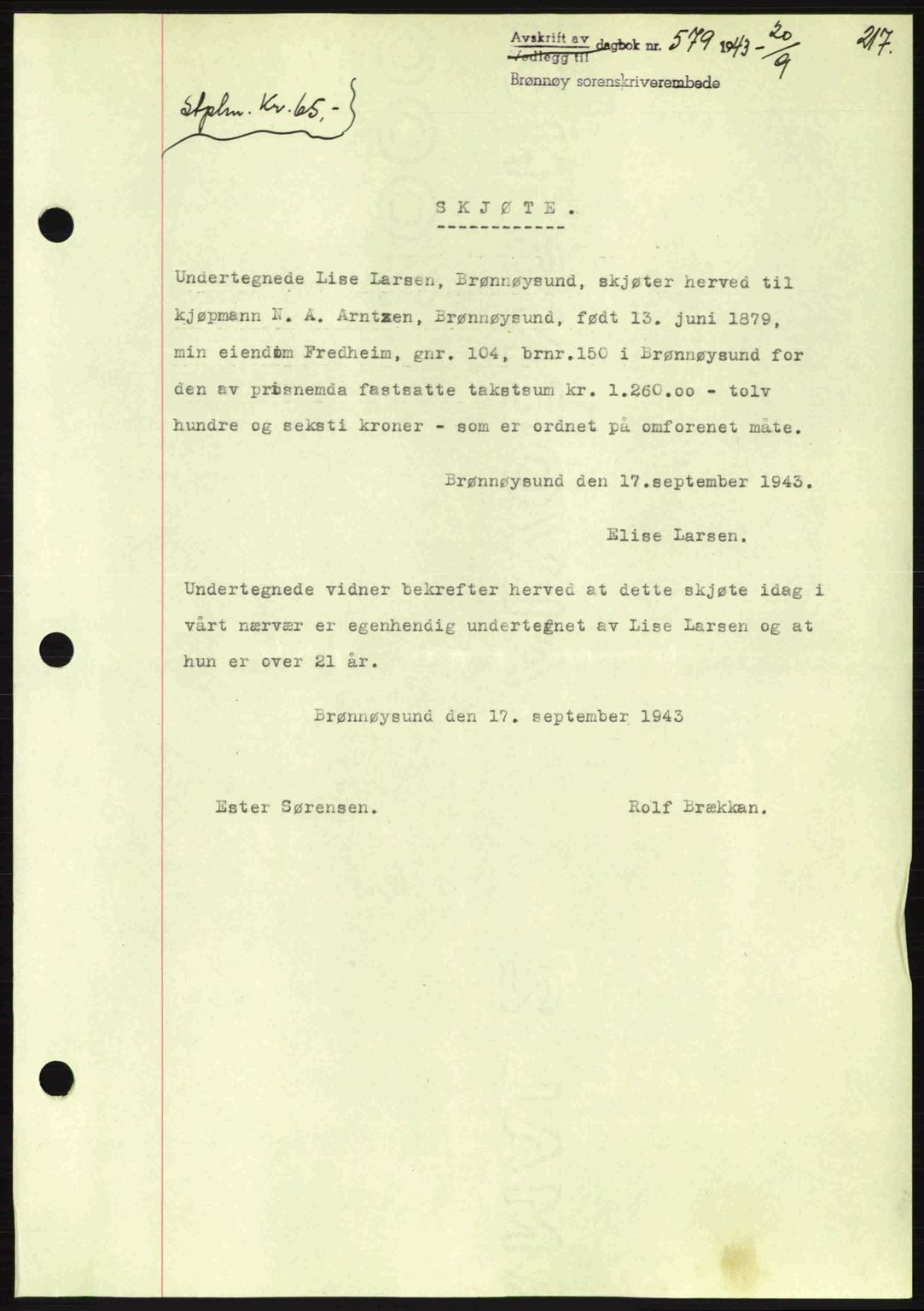 Brønnøy sorenskriveri, SAT/A-4170/1/2/2C: Pantebok nr. 23, 1943-1944, Dagboknr: 579/1943