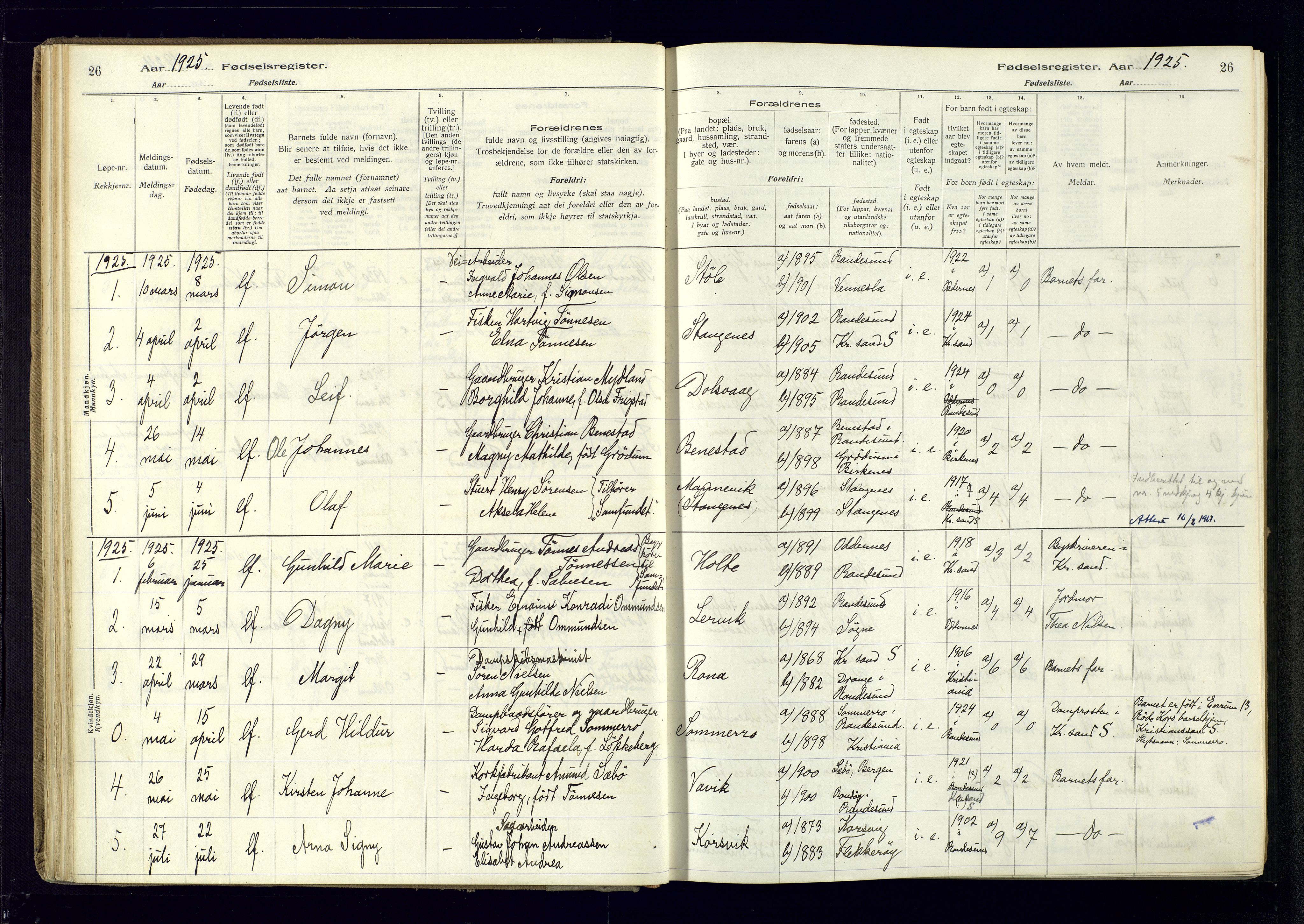 Oddernes sokneprestkontor, SAK/1111-0033/J/Ja/L0007: Fødselsregister nr. 7, 1916-1971, s. 26