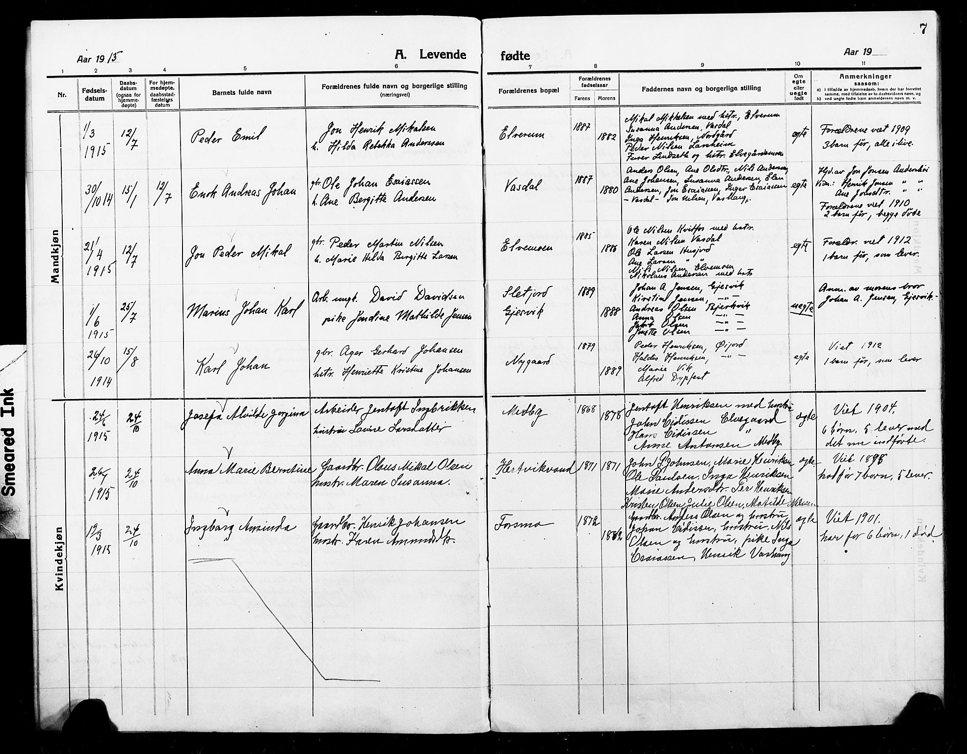 Ministerialprotokoller, klokkerbøker og fødselsregistre - Nordland, AV/SAT-A-1459/868/L0969: Klokkerbok nr. 868C01, 1914-1925, s. 7