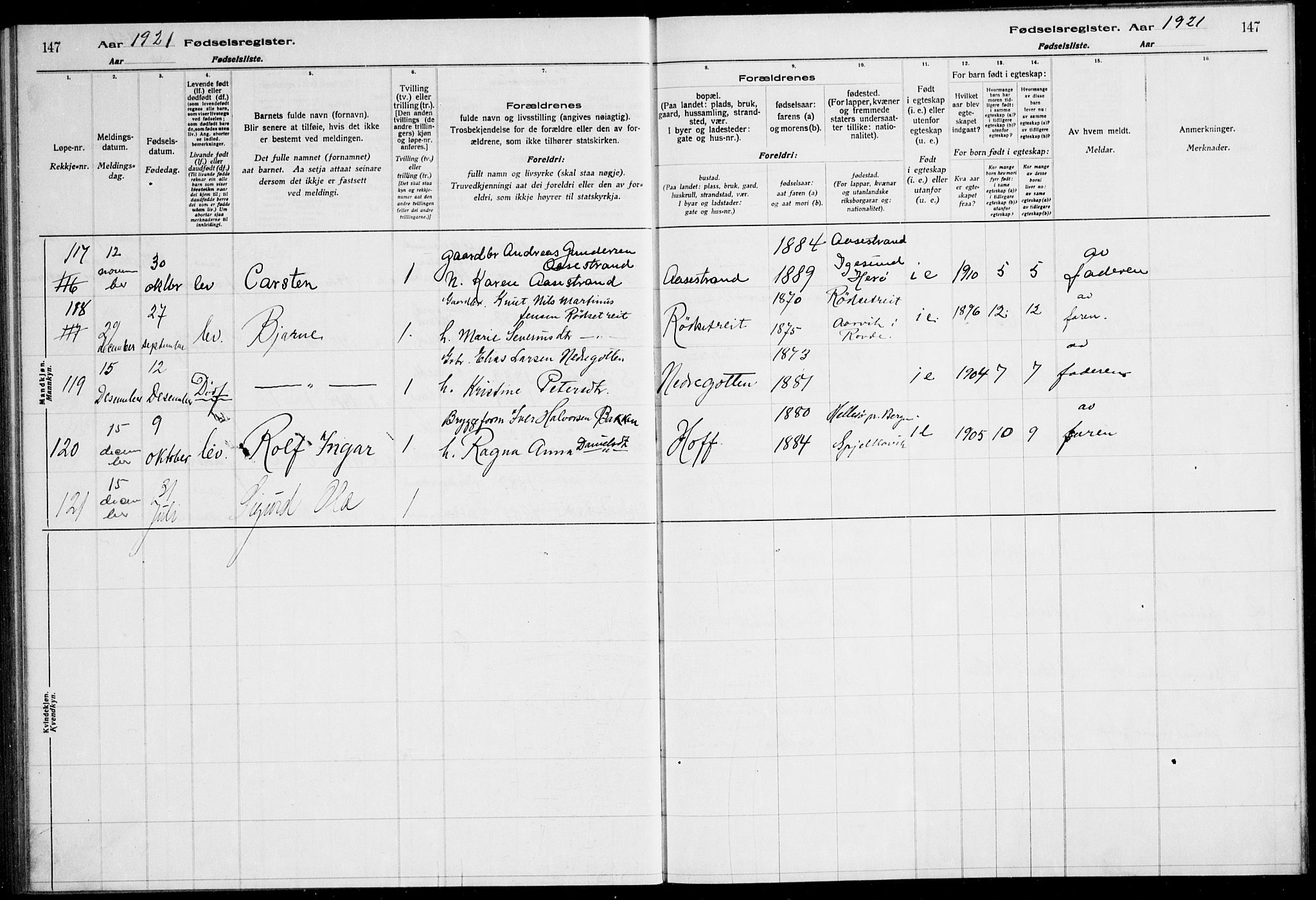Ministerialprotokoller, klokkerbøker og fødselsregistre - Møre og Romsdal, AV/SAT-A-1454/528/L0442: Fødselsregister nr. 528.II.4.1, 1916-1924, s. 147