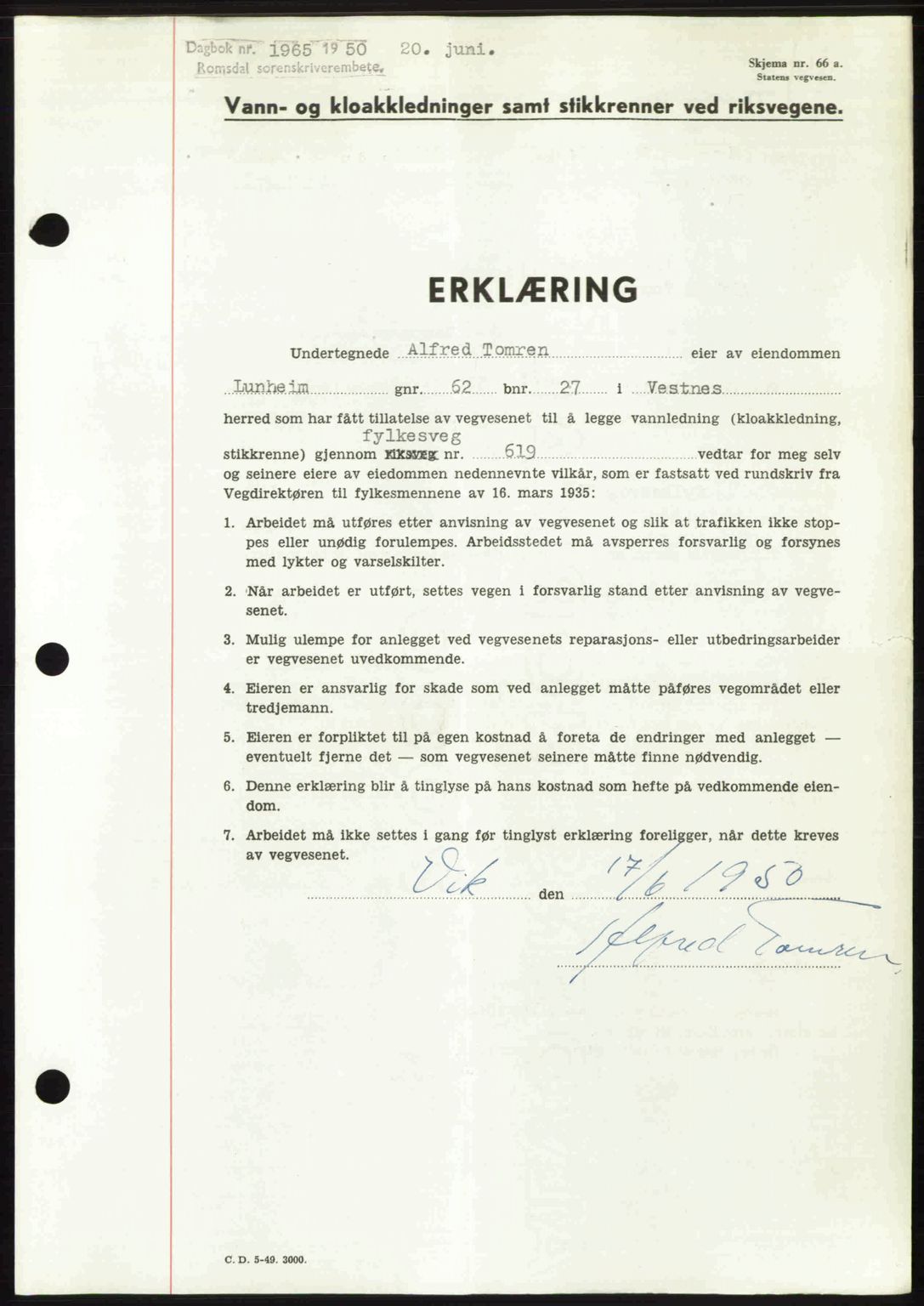 Romsdal sorenskriveri, SAT/A-4149/1/2/2C: Pantebok nr. A33, 1950-1950, Dagboknr: 1965/1950