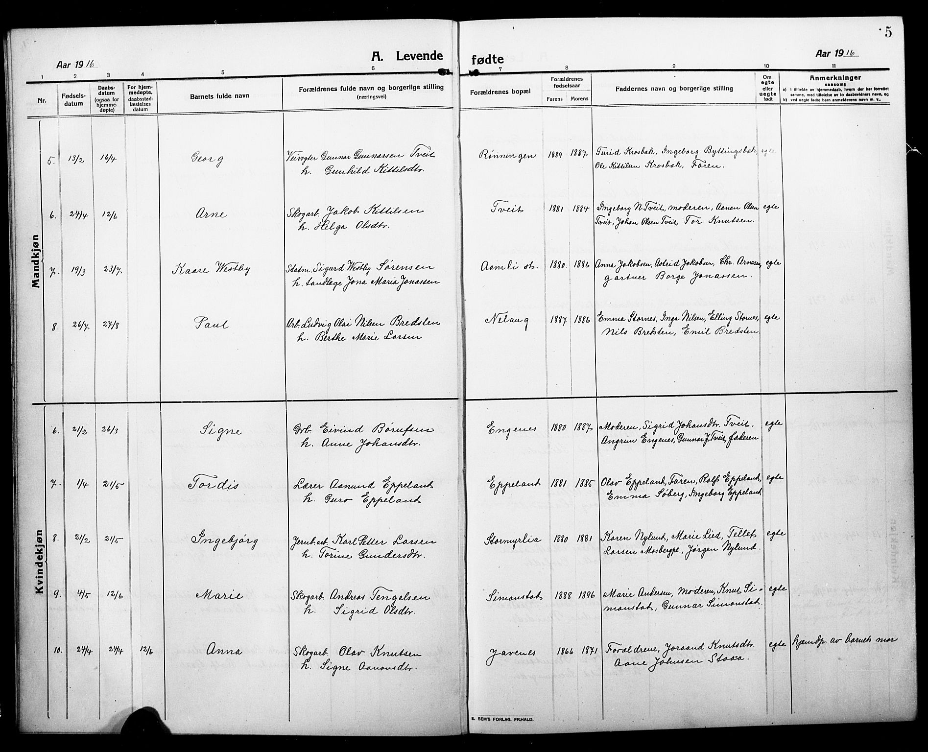 Åmli sokneprestkontor, AV/SAK-1111-0050/F/Fb/Fbc/L0006: Klokkerbok nr. B 6, 1915-1929, s. 5
