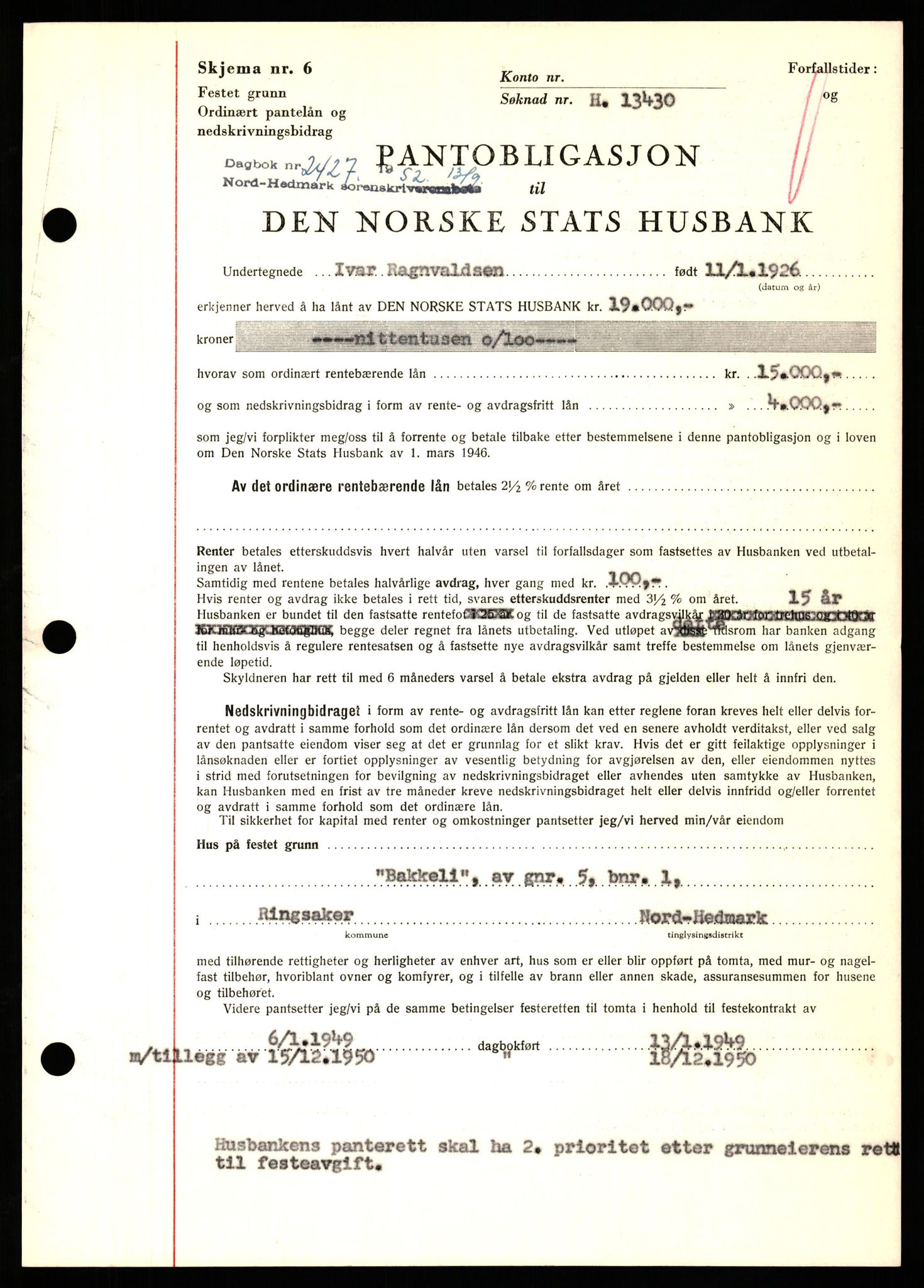 Nord-Hedmark sorenskriveri, SAH/TING-012/H/Hb/Hbf/L0025: Pantebok nr. B25, 1952-1952, Dagboknr: 2427/1952