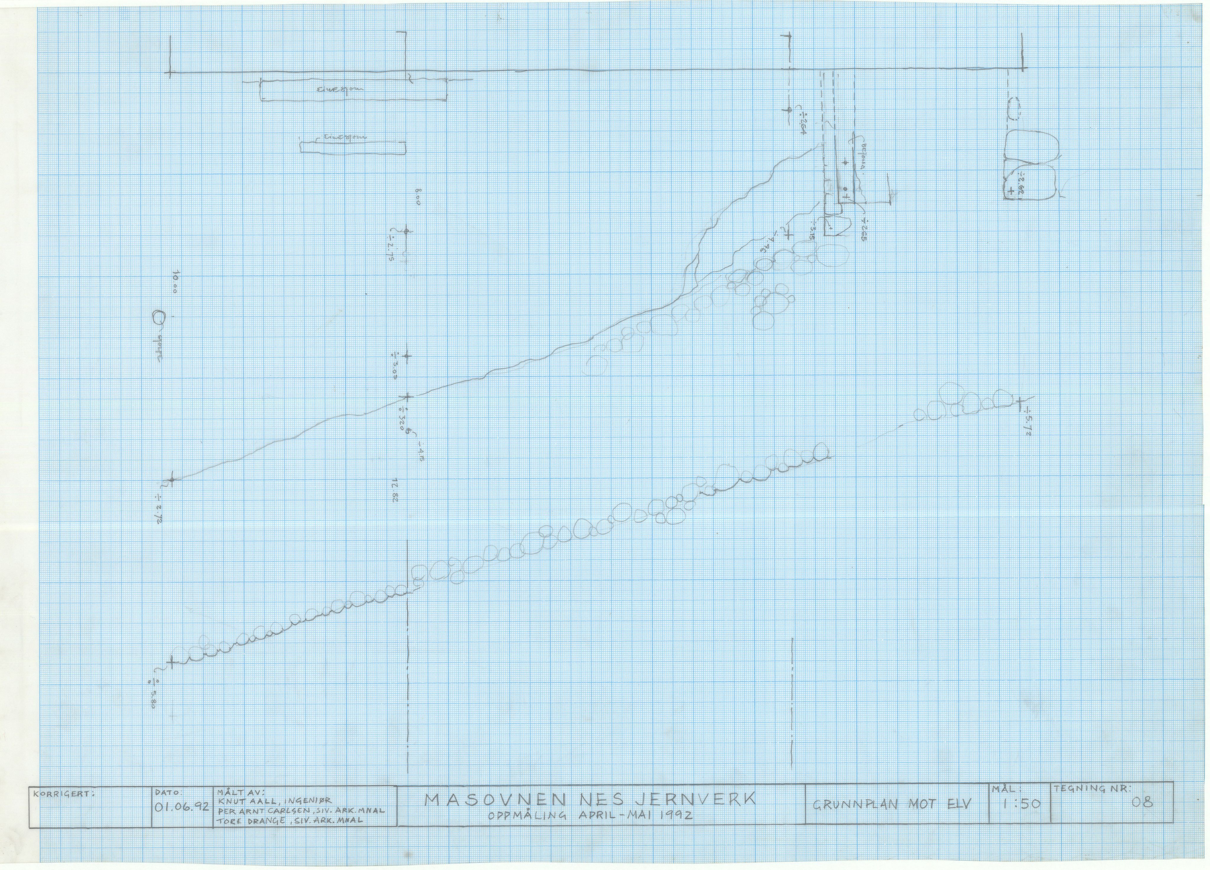 Jacob Aall & Søn AS, NESJ/NJM-007/01/L0001: Masovnen, Grunnplan mot elv, K. Aall, P.A. Carlssen, 1992, 1992