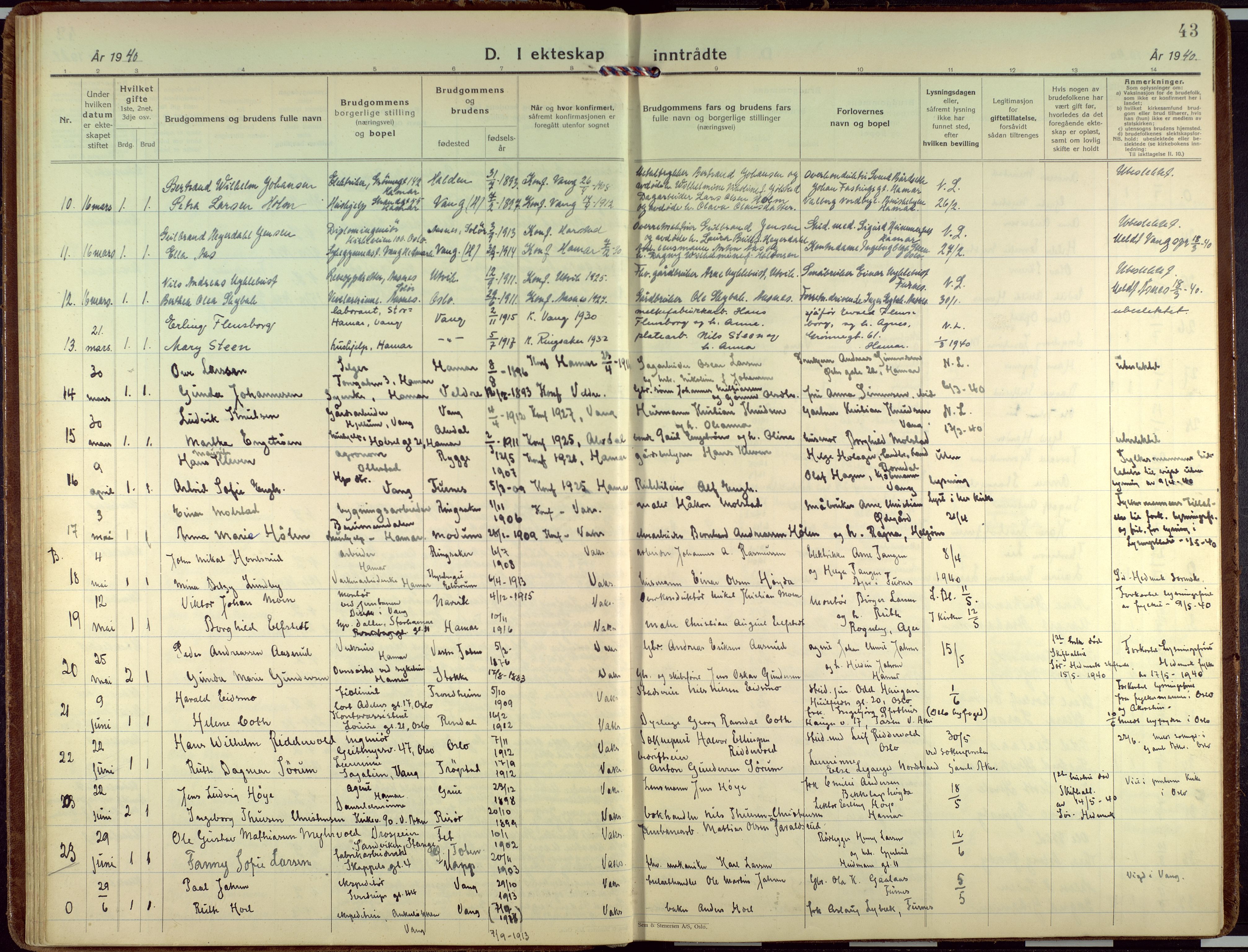 Hamar prestekontor, AV/SAH-DOMPH-002/H/Ha/Haa/L0006: Ministerialbok nr. 6, 1931-1953, s. 43