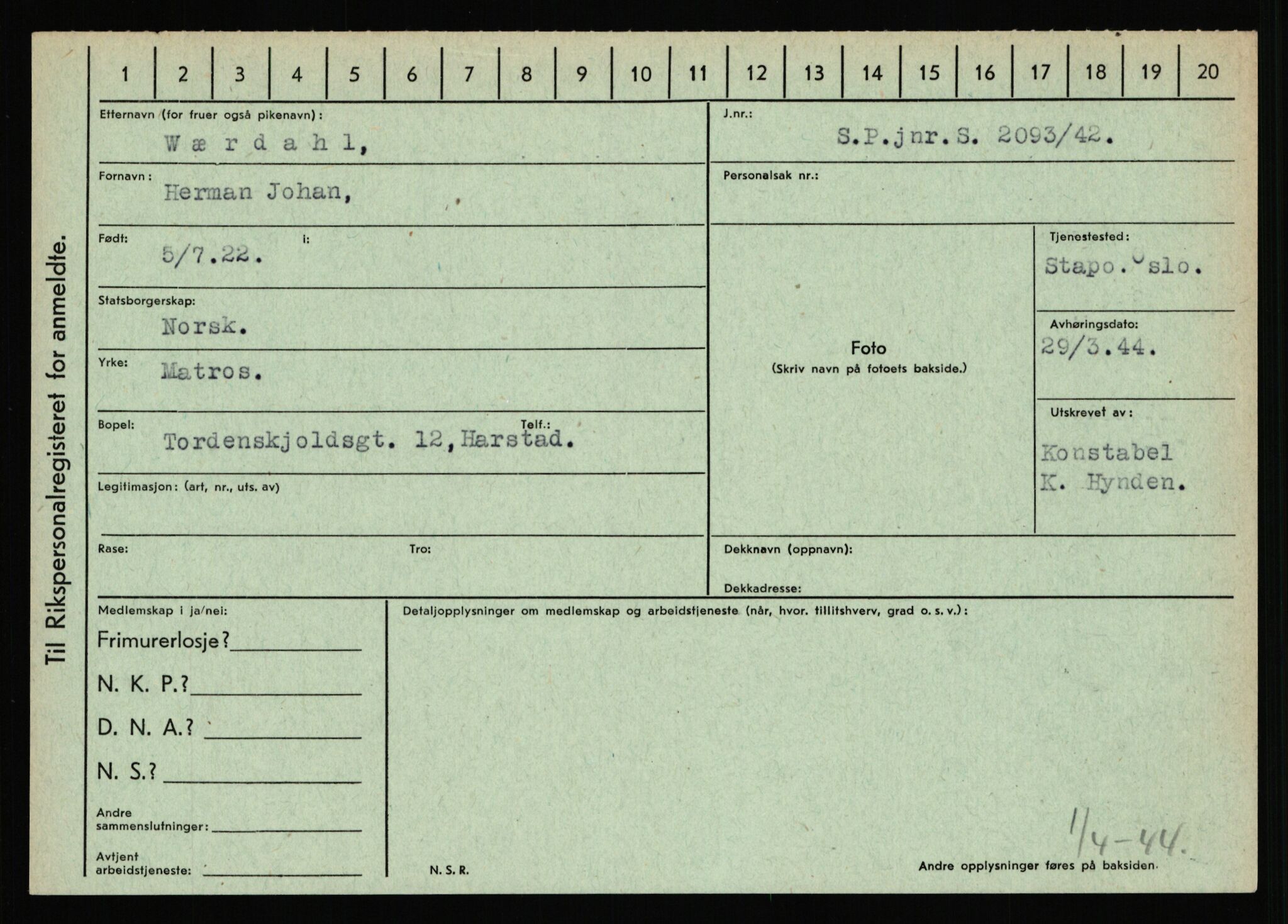 Statspolitiet - Hovedkontoret / Osloavdelingen, AV/RA-S-1329/C/Ca/L0016: Uberg - Øystese, 1943-1945, s. 3190