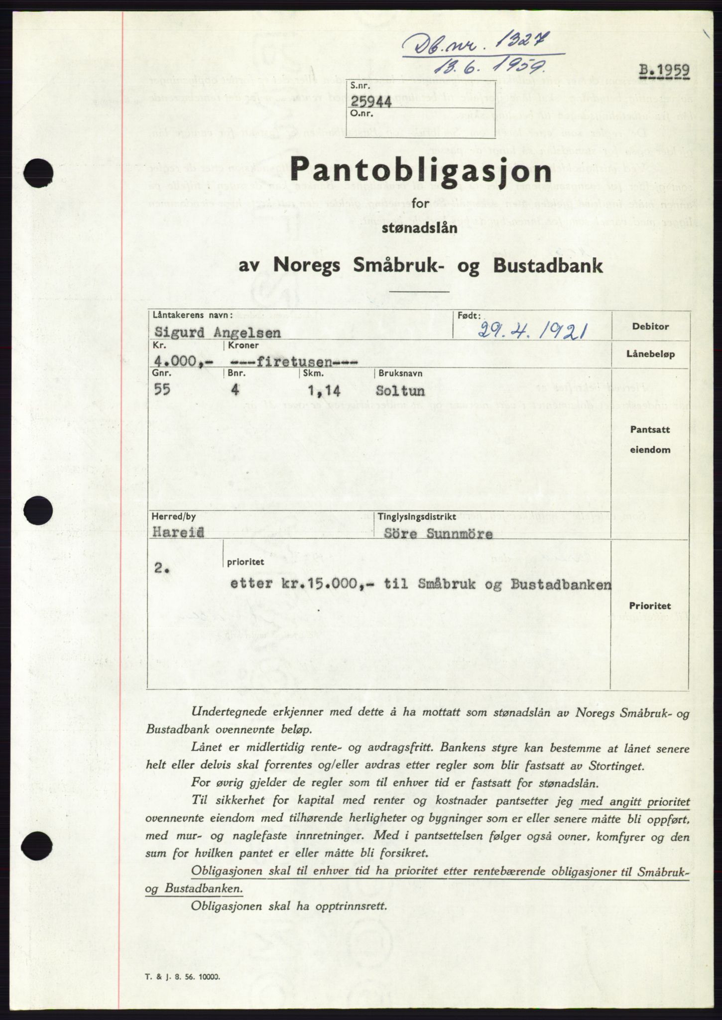 Søre Sunnmøre sorenskriveri, SAT/A-4122/1/2/2C/L0133: Pantebok nr. 21B, 1959-1959, Dagboknr: 1327/1959