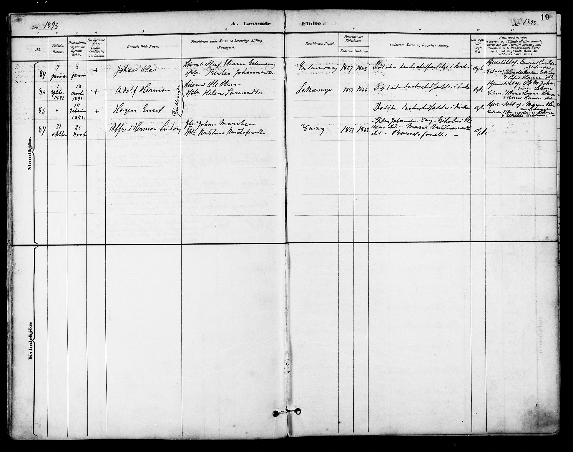 Ministerialprotokoller, klokkerbøker og fødselsregistre - Nordland, AV/SAT-A-1459/805/L0101: Ministerialbok nr. 805A07, 1892-1899, s. 19