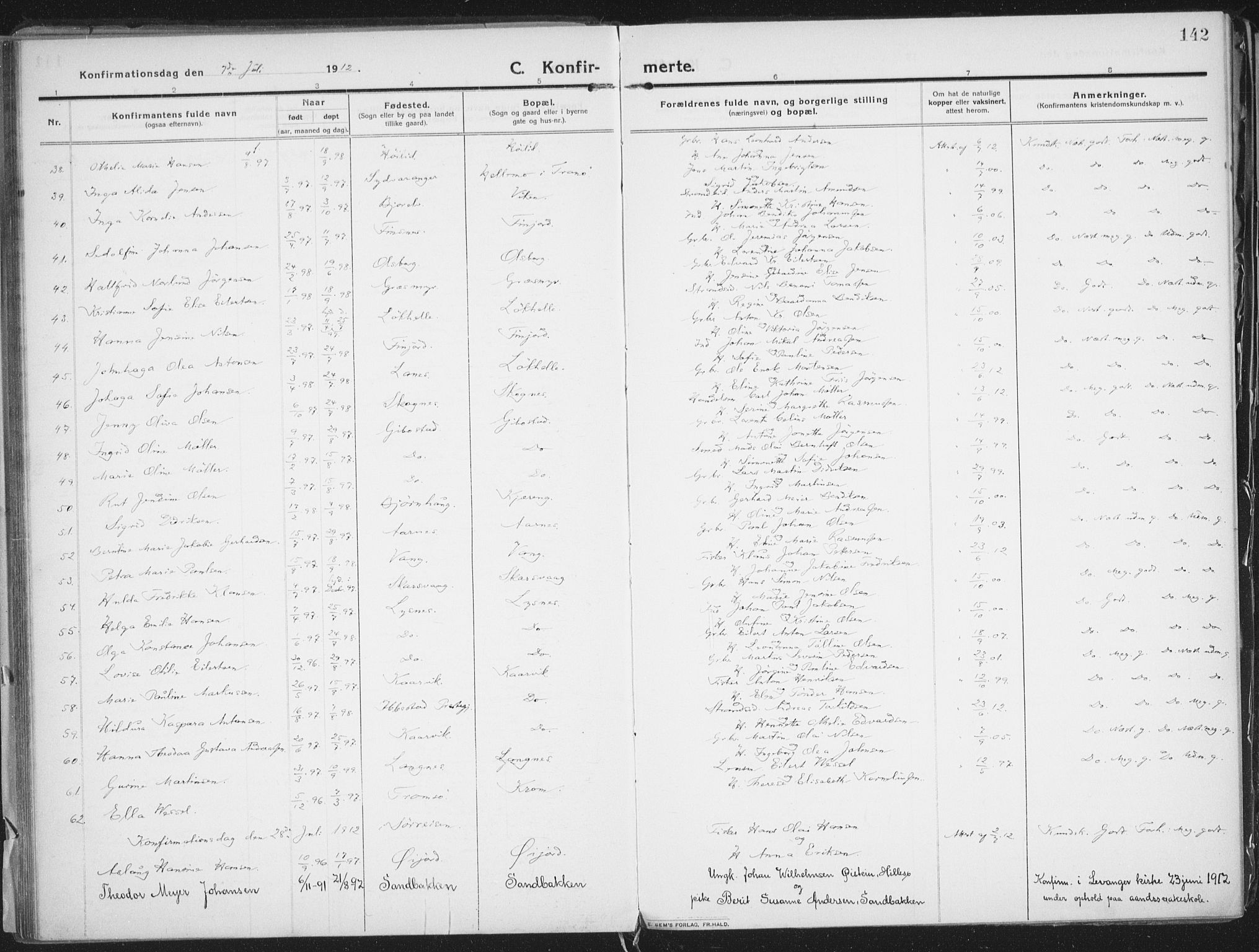 Lenvik sokneprestembete, SATØ/S-1310/H/Ha/Haa/L0016kirke: Ministerialbok nr. 16, 1910-1924, s. 142