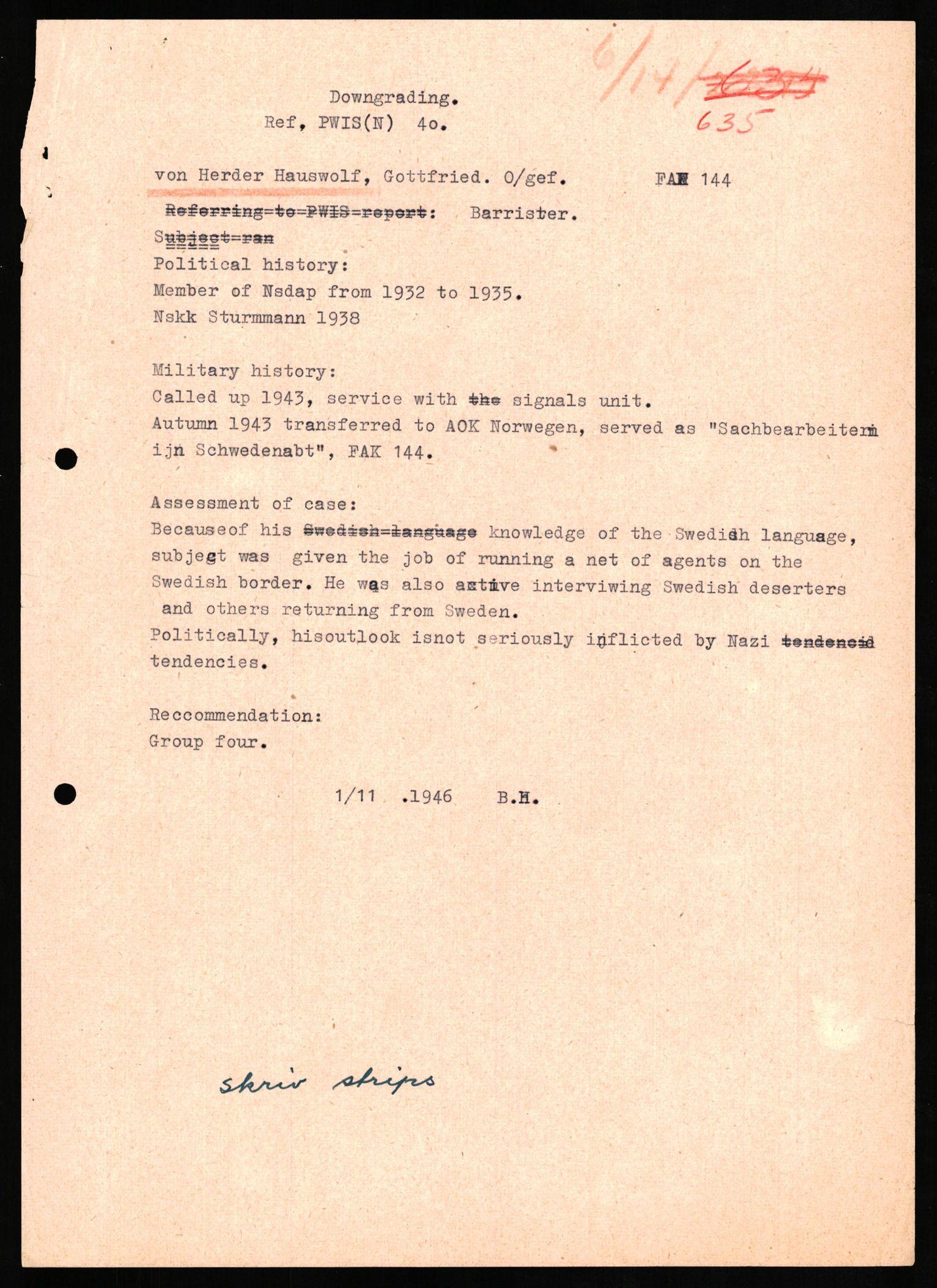 Forsvaret, Forsvarets overkommando II, AV/RA-RAFA-3915/D/Db/L0013: CI Questionaires. Tyske okkupasjonsstyrker i Norge. Tyskere., 1945-1946, s. 32