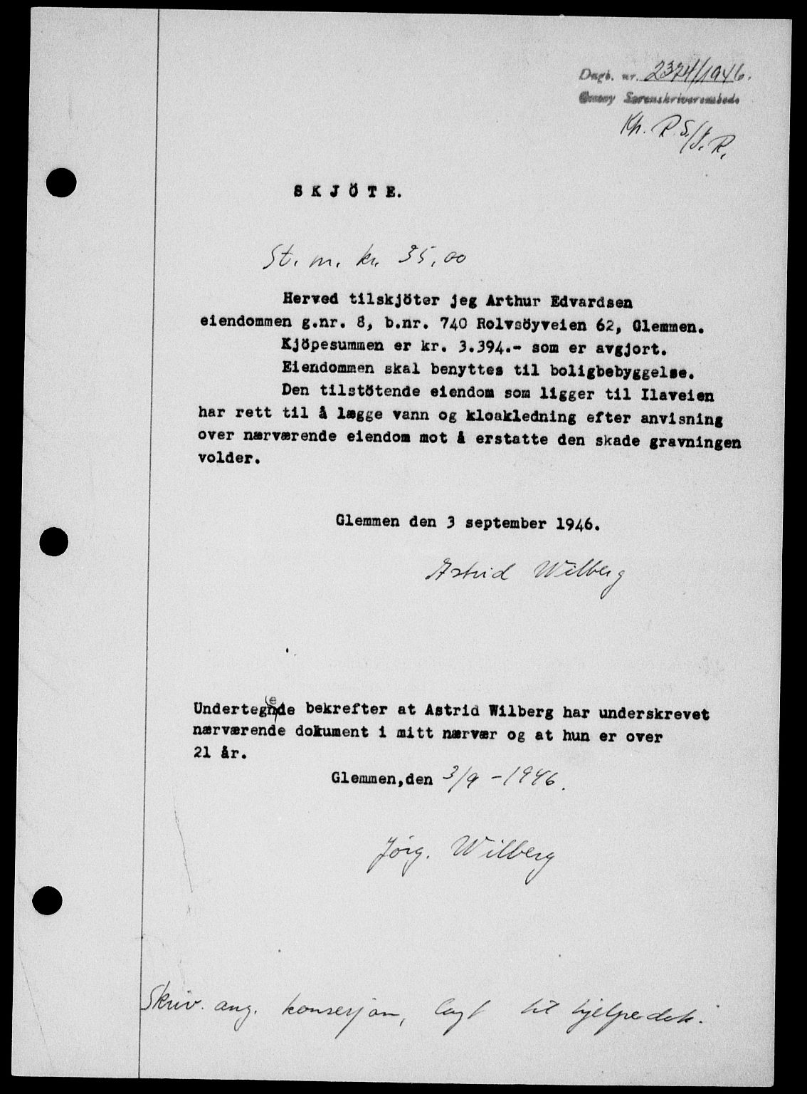 Onsøy sorenskriveri, SAO/A-10474/G/Ga/Gab/L0017: Pantebok nr. II A-17, 1946-1946, Dagboknr: 2374/1946