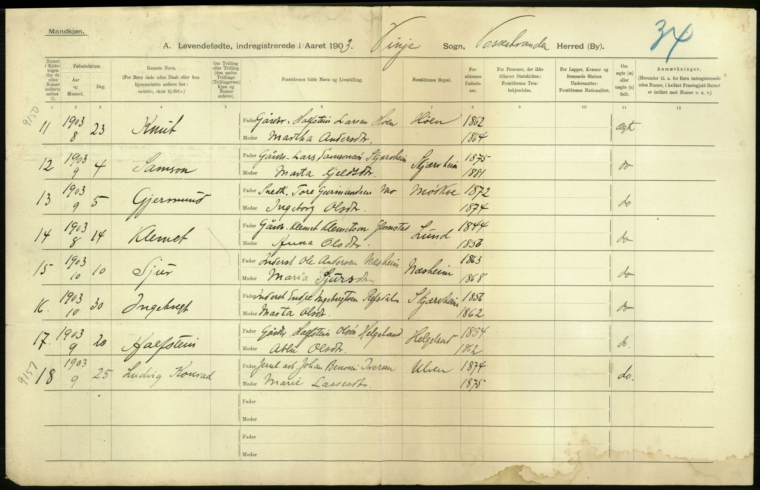 Statistisk sentralbyrå, Sosiodemografiske emner, Befolkning, RA/S-2228/D/Df/Dfa/Dfaa/L0013: Søndre Bergenhus amt: Fødte, gifte, døde, 1903, s. 4