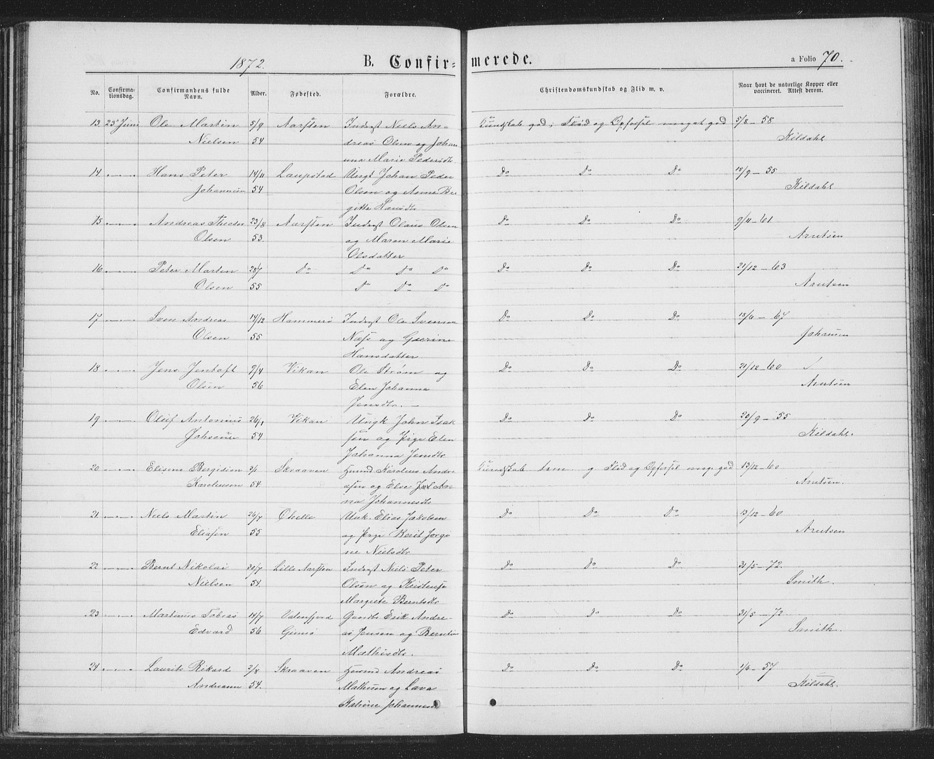 Ministerialprotokoller, klokkerbøker og fødselsregistre - Nordland, AV/SAT-A-1459/874/L1074: Klokkerbok nr. 874C03, 1870-1876, s. 70