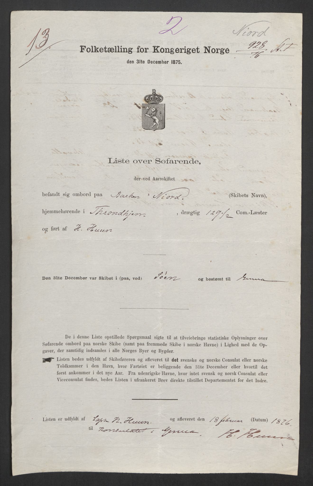 RA, Folketelling 1875, skipslister: Skip i utenrikske havner, hjemmehørende i 1) byer og ladesteder, Grimstad - Tromsø, 2) landdistrikter, 1875, s. 1071