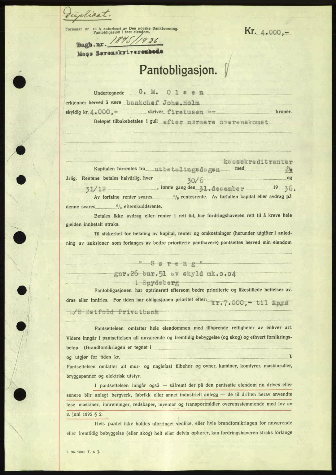 Moss sorenskriveri, SAO/A-10168: Pantebok nr. B2, 1936-1937, Dagboknr: 1845/1936