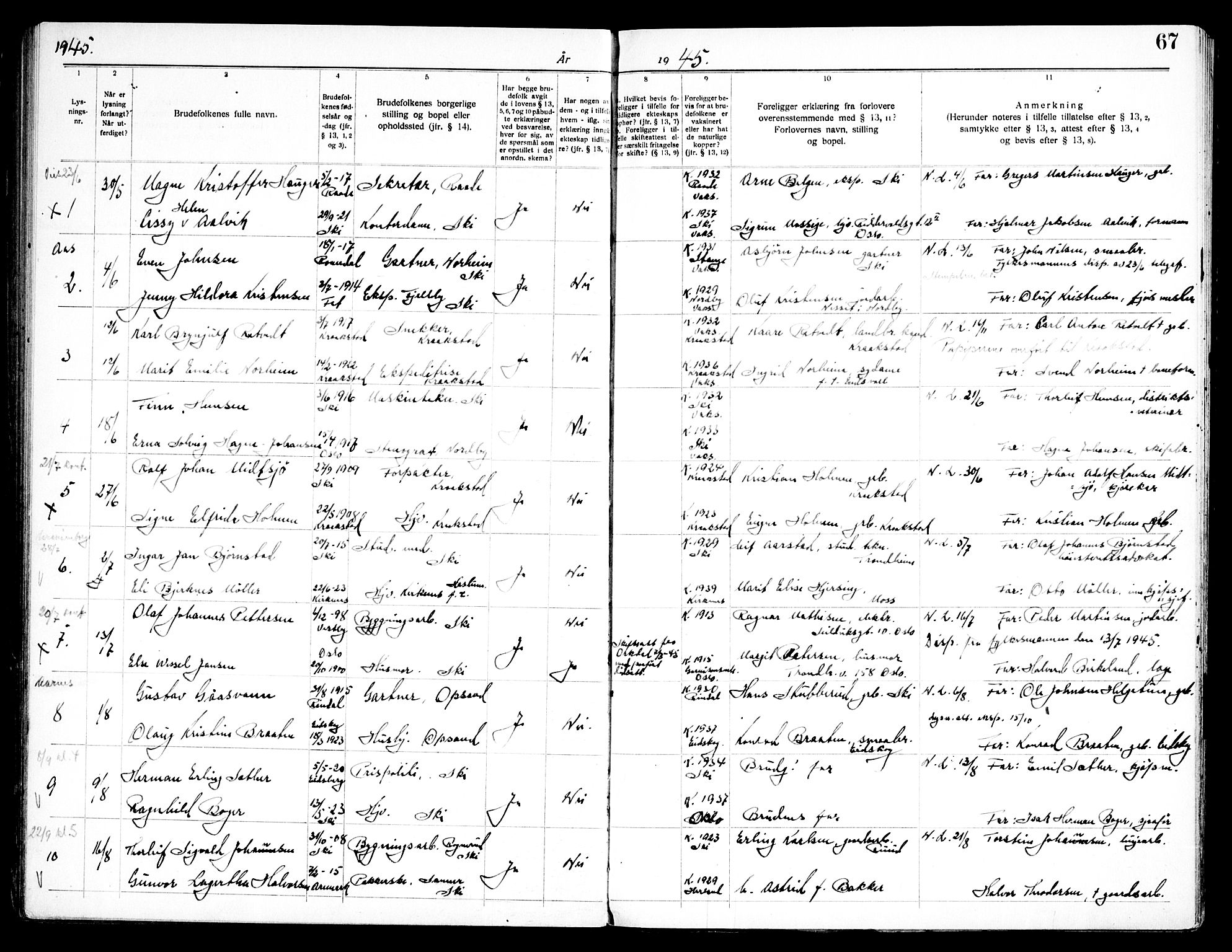 Kråkstad prestekontor Kirkebøker, SAO/A-10125a/H/Hb/L0001: Lysningsprotokoll nr. II 1, 1919-1952, s. 67