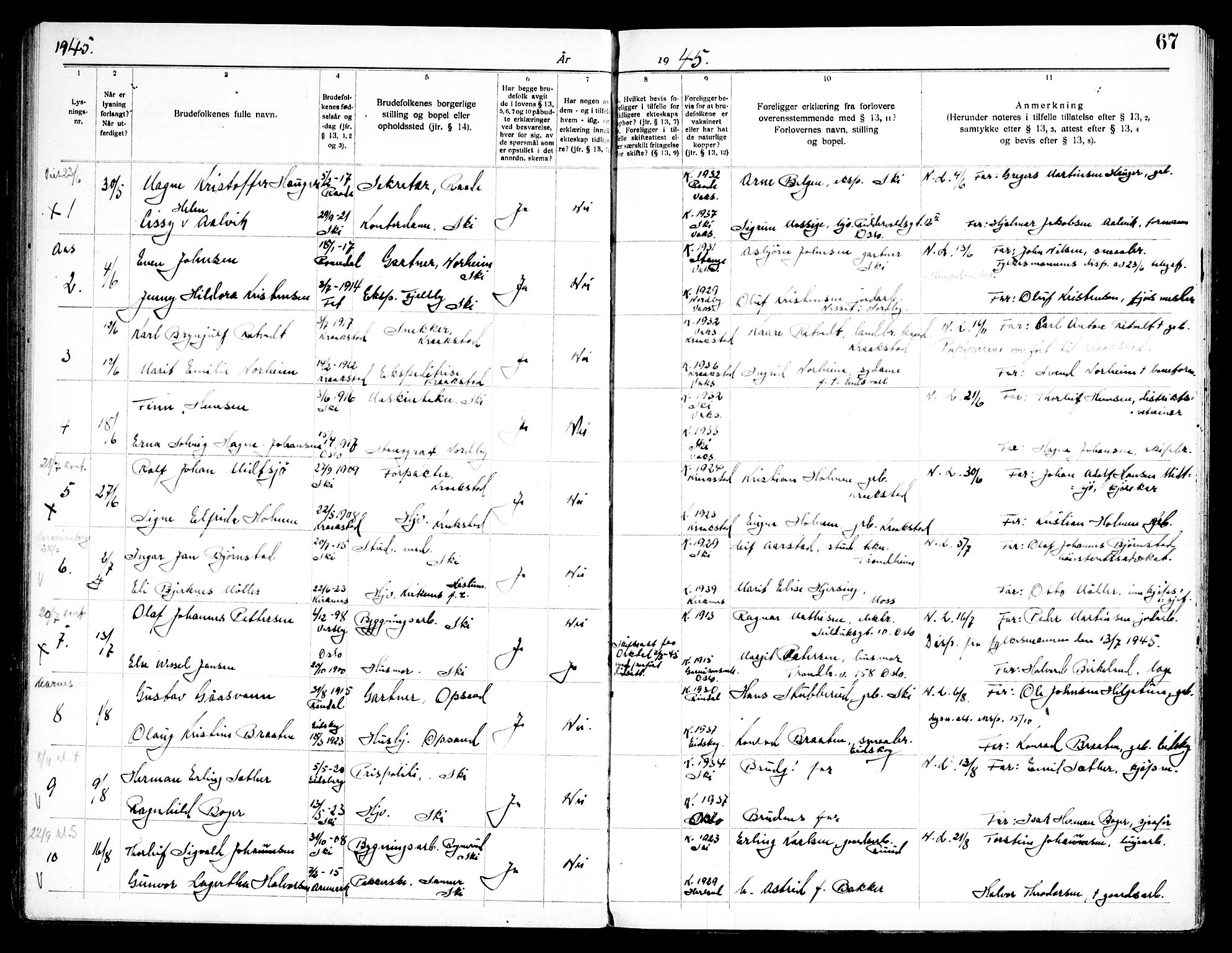 Kråkstad prestekontor Kirkebøker, AV/SAO-A-10125a/H/Hb/L0001: Lysningsprotokoll nr. II 1, 1919-1952, s. 67