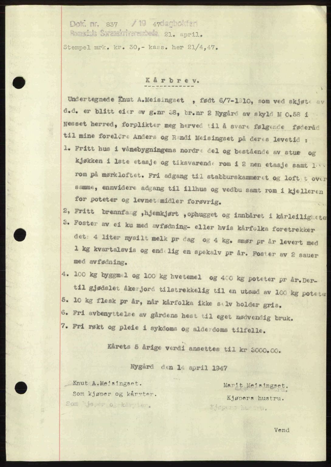 Romsdal sorenskriveri, SAT/A-4149/1/2/2C: Pantebok nr. A22, 1947-1947, Dagboknr: 837/1947