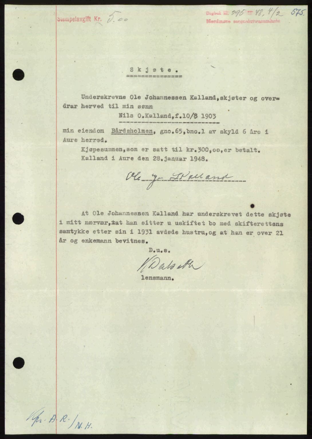 Nordmøre sorenskriveri, SAT/A-4132/1/2/2Ca: Pantebok nr. A107, 1947-1948, Dagboknr: 295/1948