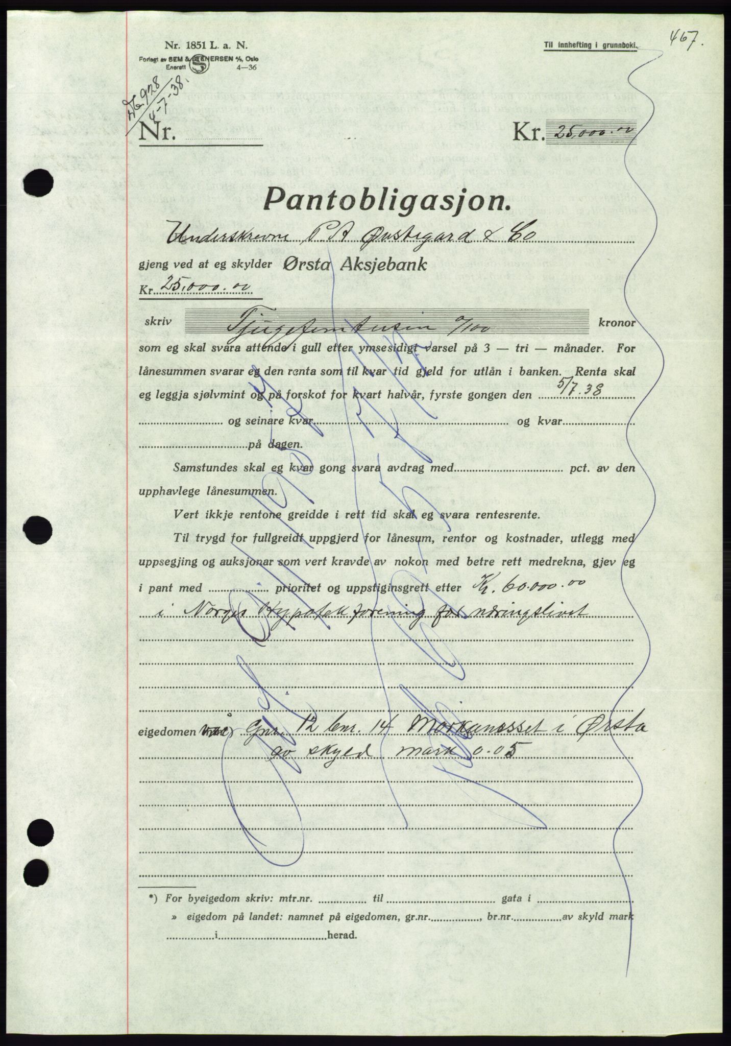 Søre Sunnmøre sorenskriveri, AV/SAT-A-4122/1/2/2C/L0065: Pantebok nr. 59, 1938-1938, Dagboknr: 928/1938