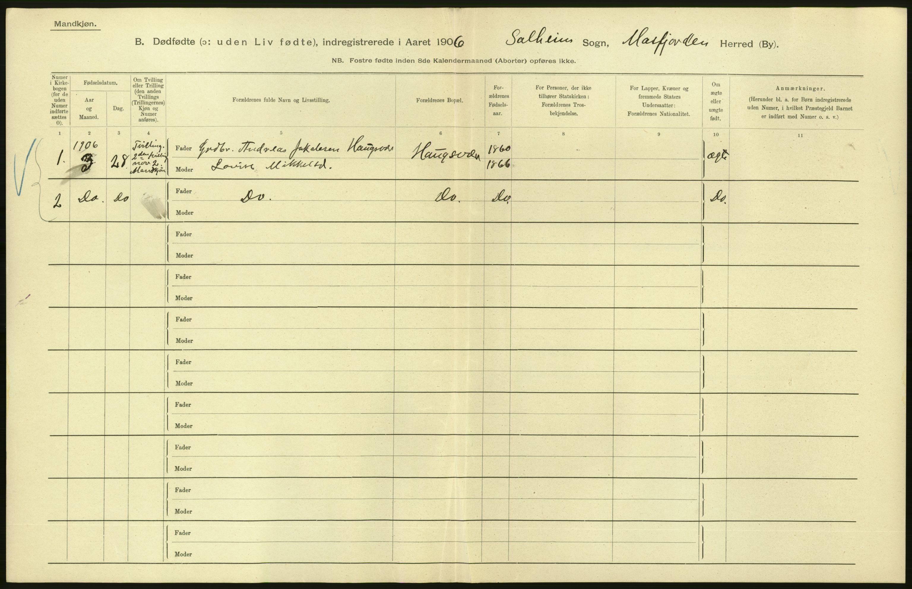 Statistisk sentralbyrå, Sosiodemografiske emner, Befolkning, RA/S-2228/D/Df/Dfa/Dfad/L0029: S. Bergenhus amt: Gifte, dødfødte. Bygder., 1906, s. 230