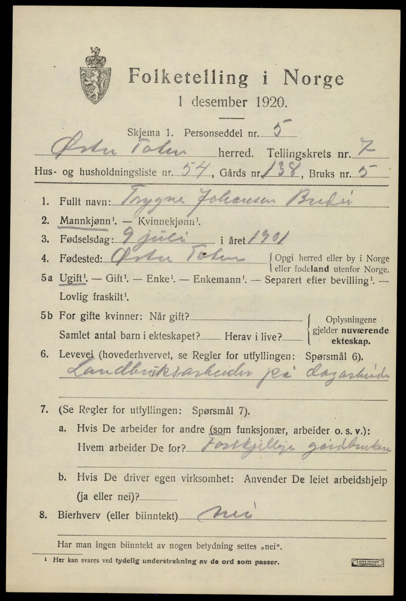 SAH, Folketelling 1920 for 0528 Østre Toten herred, 1920, s. 15540