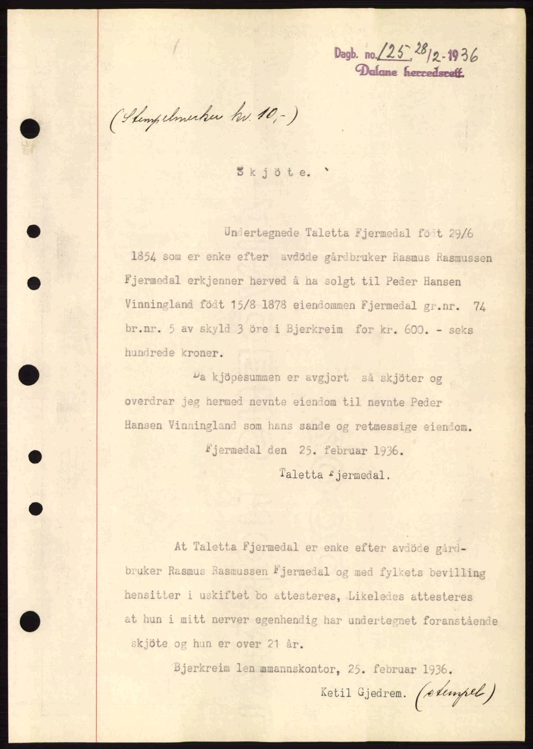 Dalane sorenskriveri, SAST/A-100309/02/G/Gb/L0040: Pantebok nr. A1, 1936-1936, Dagboknr: 125/1936