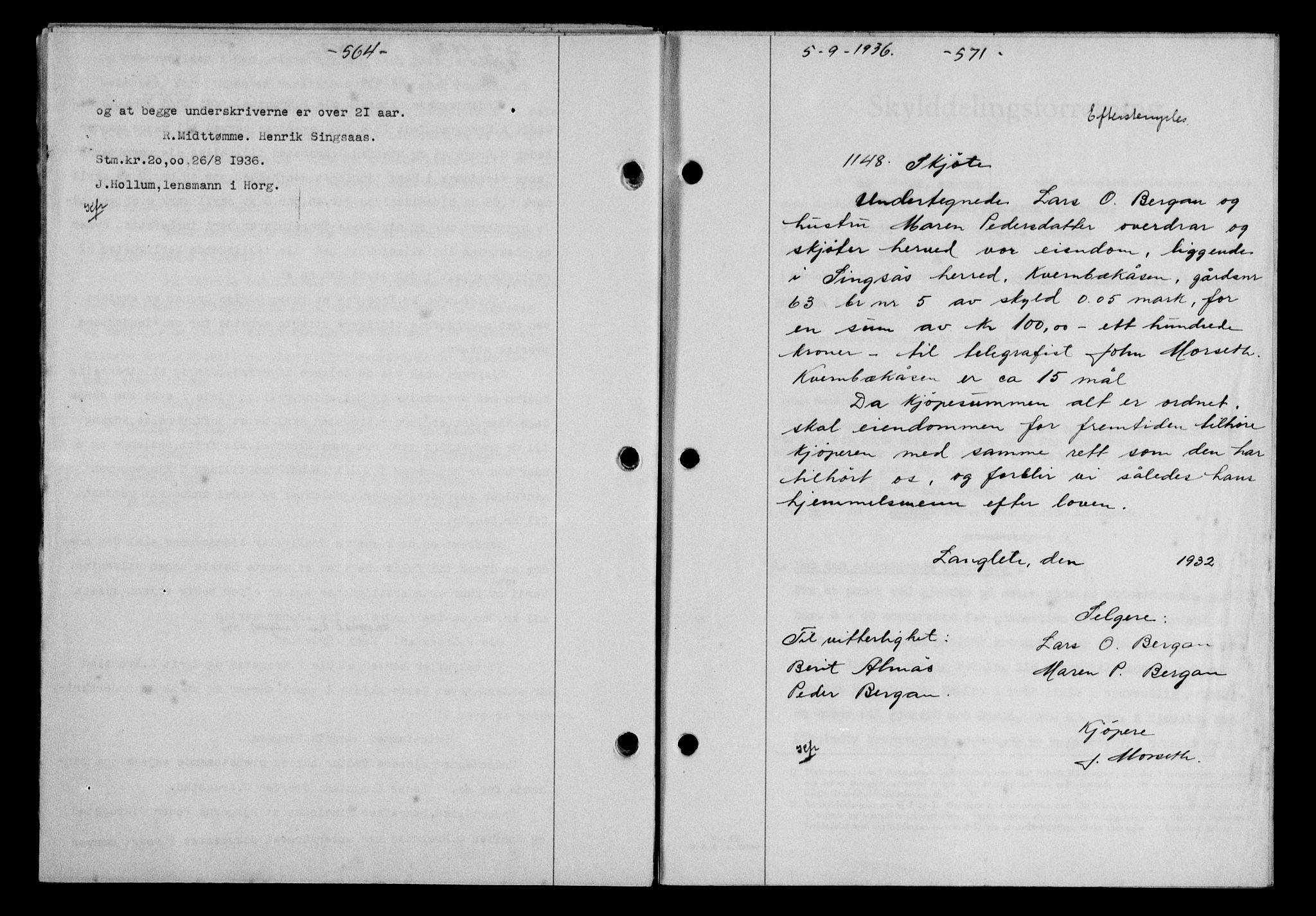 Gauldal sorenskriveri, SAT/A-0014/1/2/2C/L0046: Pantebok nr. 49-50, 1936-1937, Dagboknr: 1148/1936